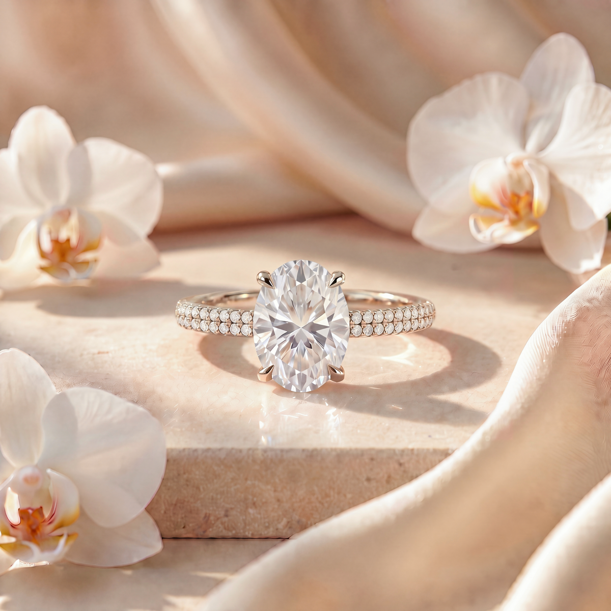 White gold oval moissanite engagement ring with a double-row pave band resting on marble.