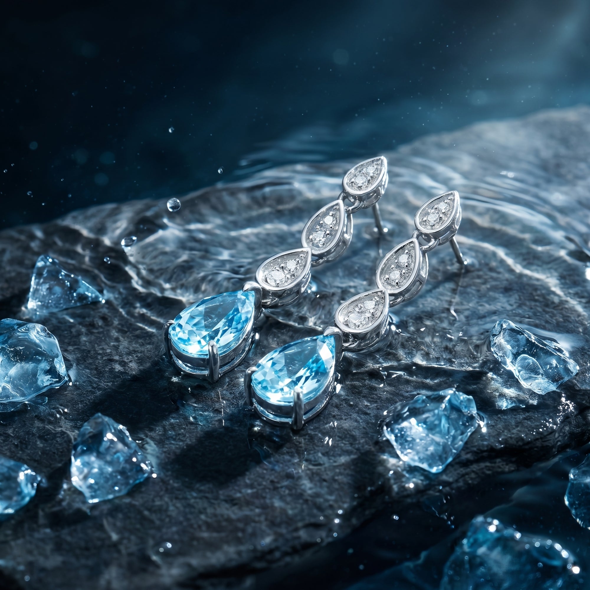 Macro view of platinum pear cut aquamarine drop earrings resting on a wet rock with blue ice.