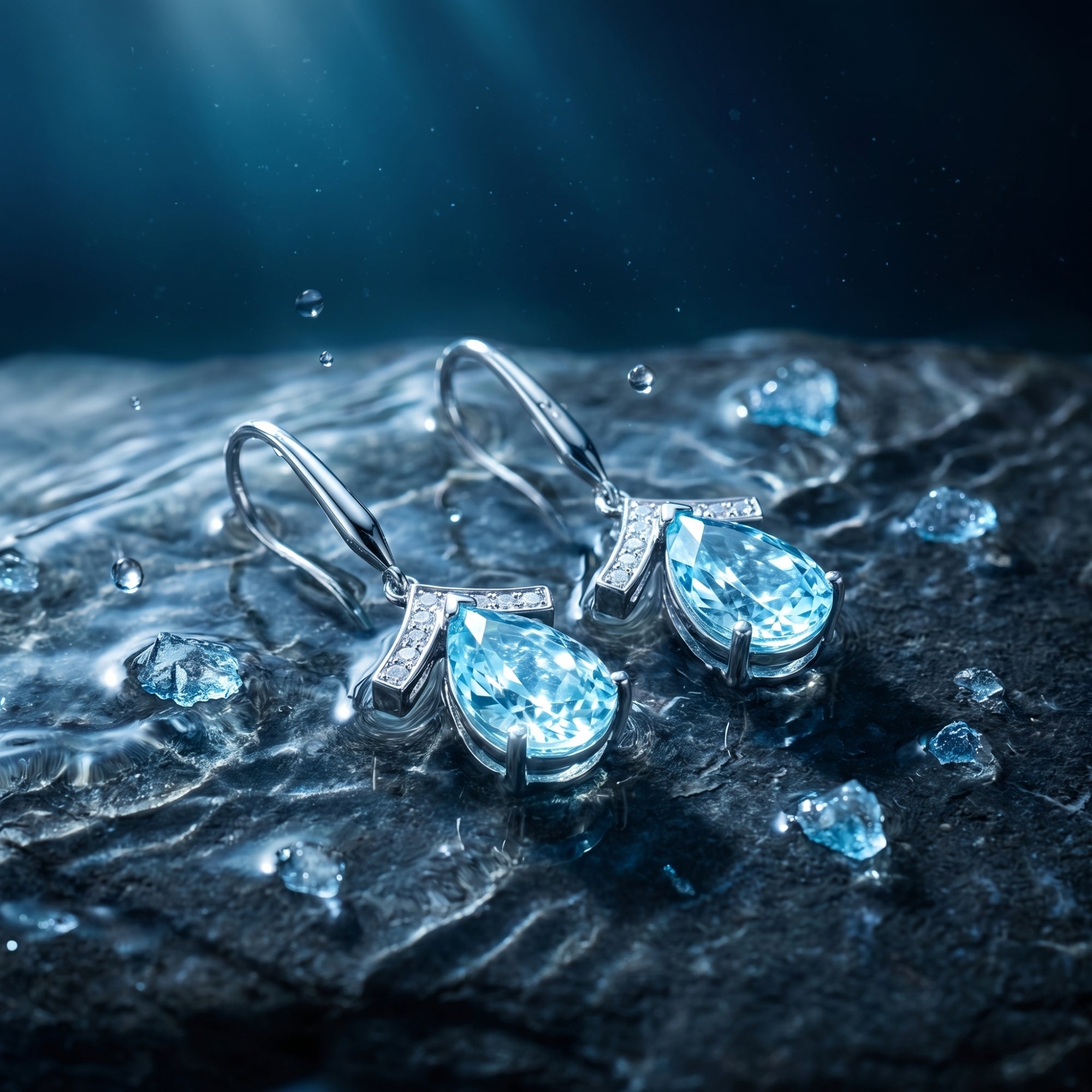 Close-up of pear cut natural aquamarine drop earrings in platinum, highlighting the faceted stones and diamond accents.