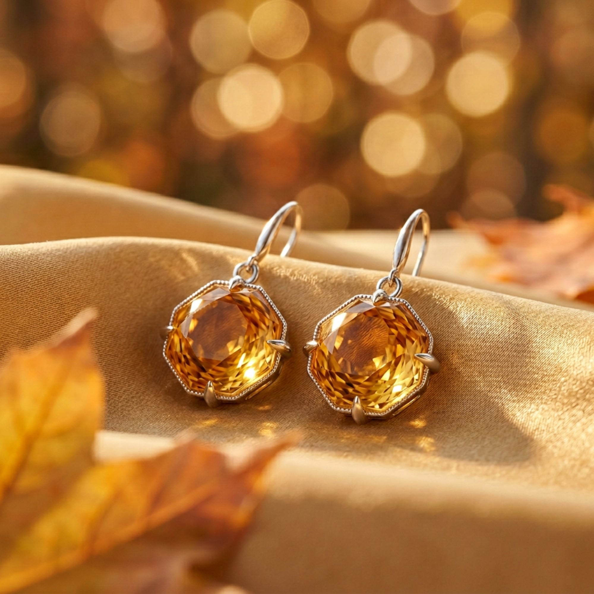 Macro view of octagon-cut natural citrine drop earrings in silver, highlighting the faceted honey-colored stones.