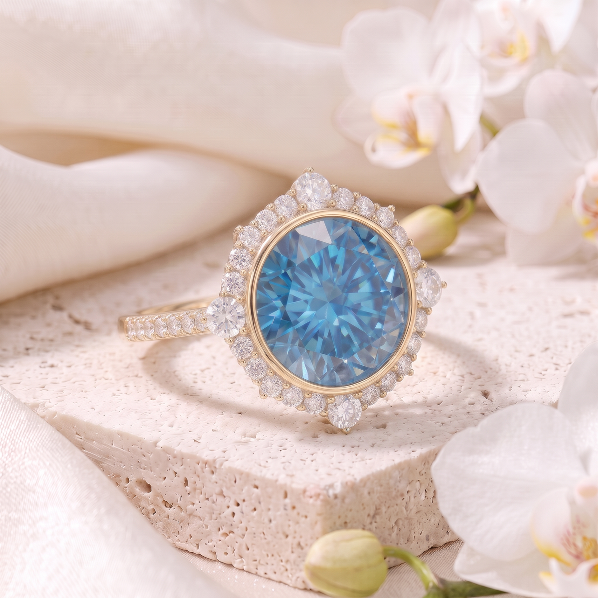 Side-angled view of a round blue moissanite halo engagement ring in yellow gold.