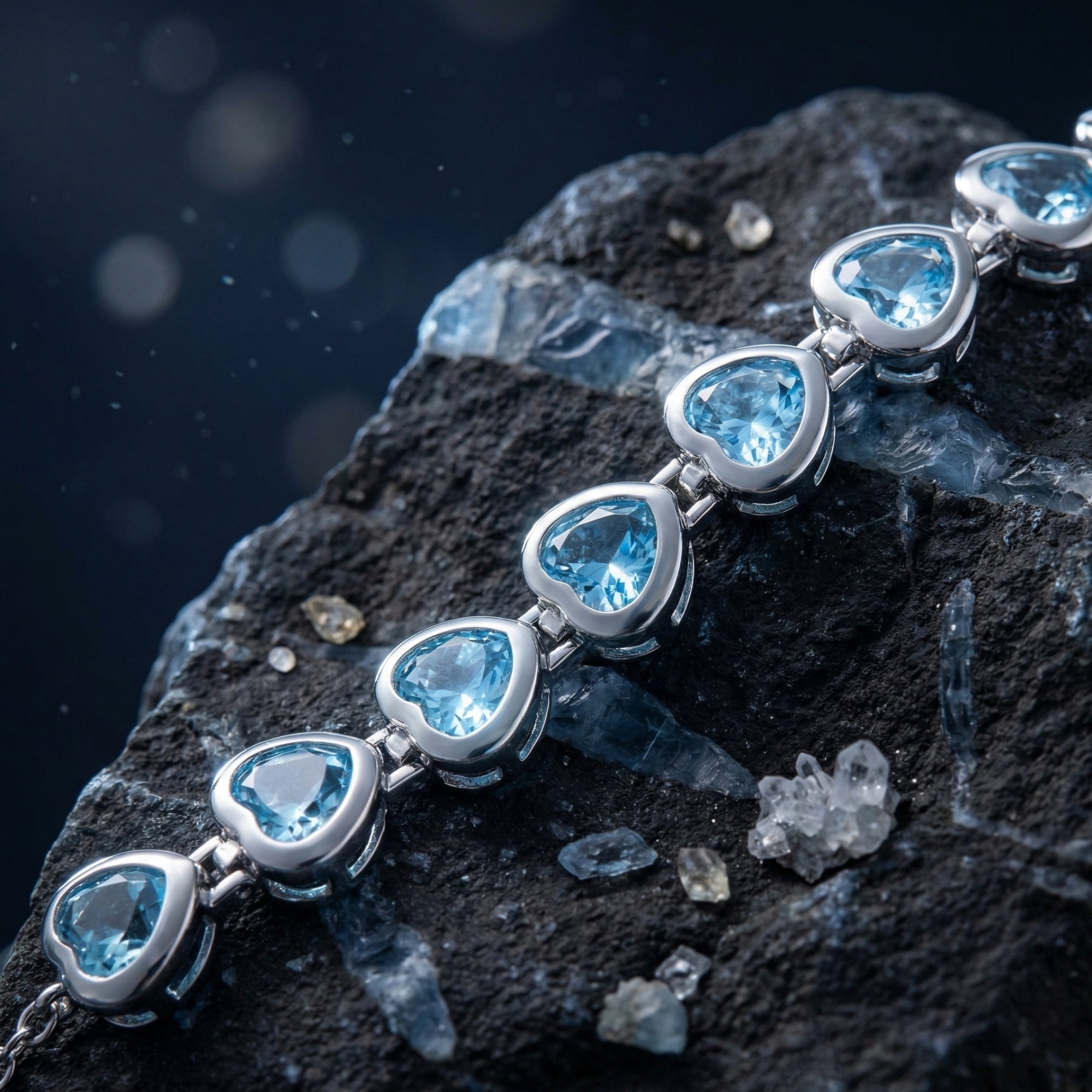 Macro detail of heart-cut natural blue topaz stones in silver settings on the Luviana bracelet.