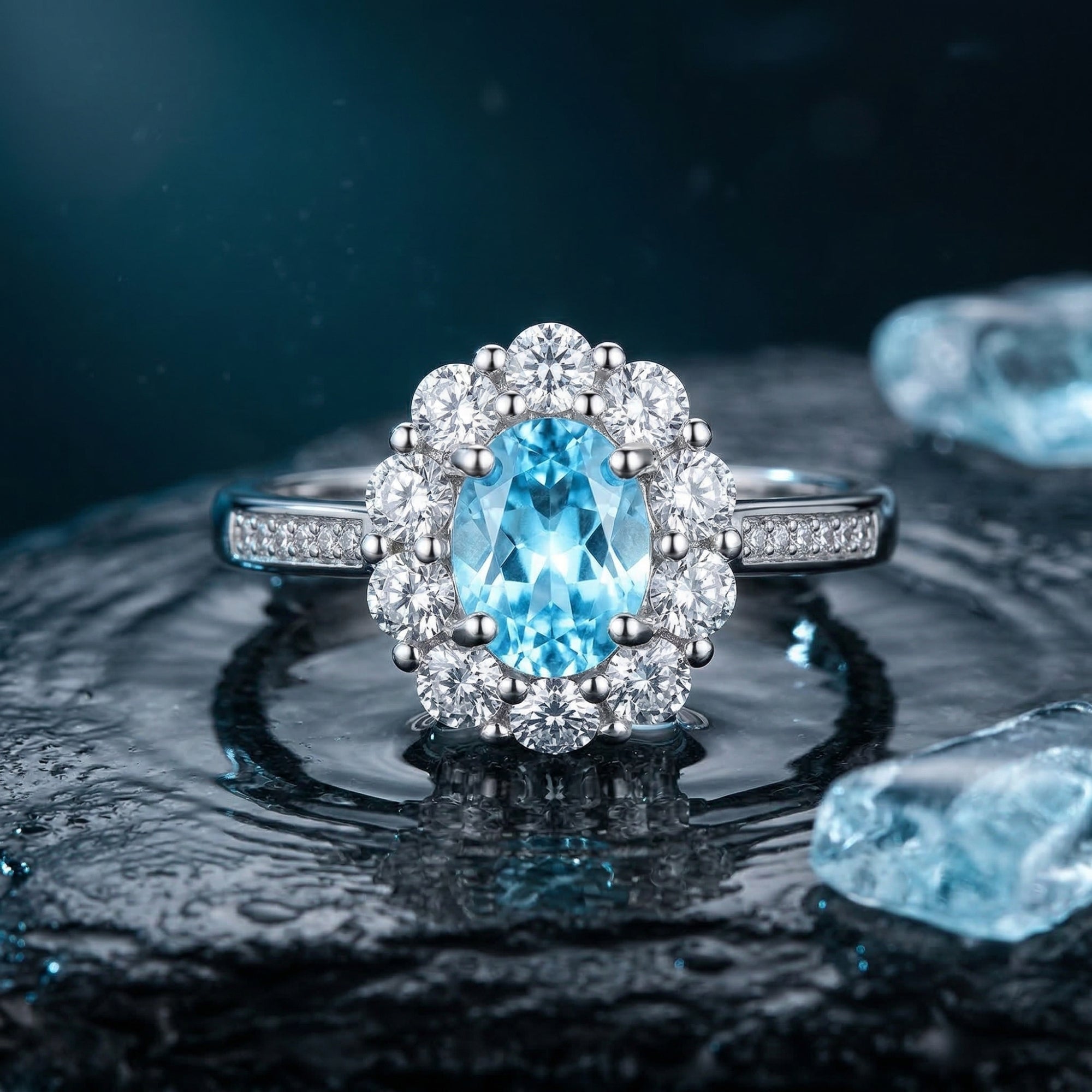 Macro view of the oval cut natural aquamarine ring in silver, highlighting the halo setting and pave band.