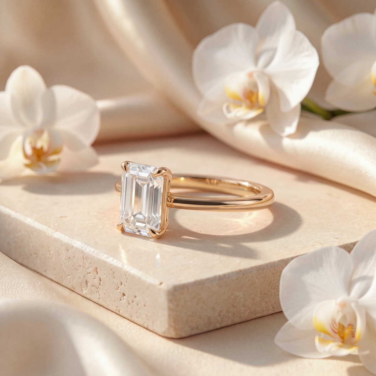 Side view of a yellow gold emerald-cut moissanite solitaire engagement ring on a stone block.