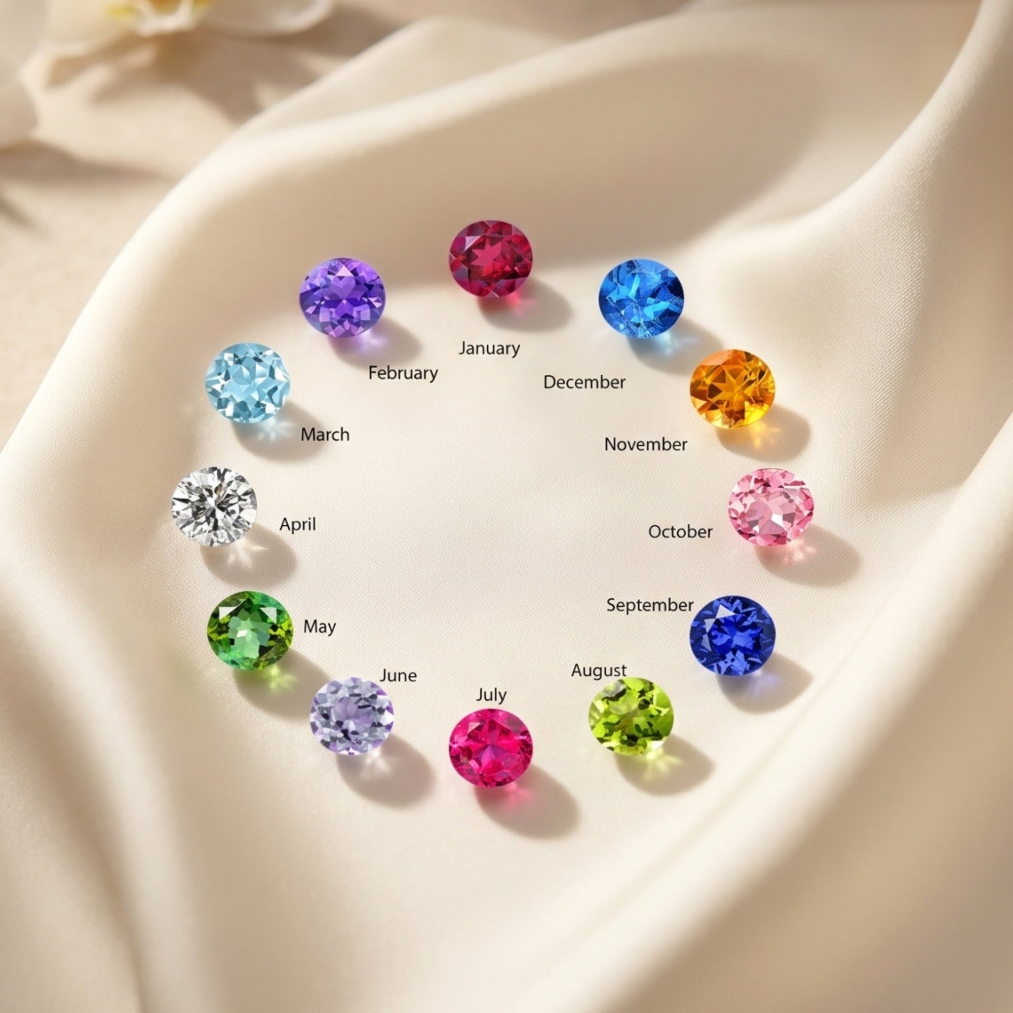 Twelve round-cut simulated birthstones for each month displayed on a neutral fabric background.