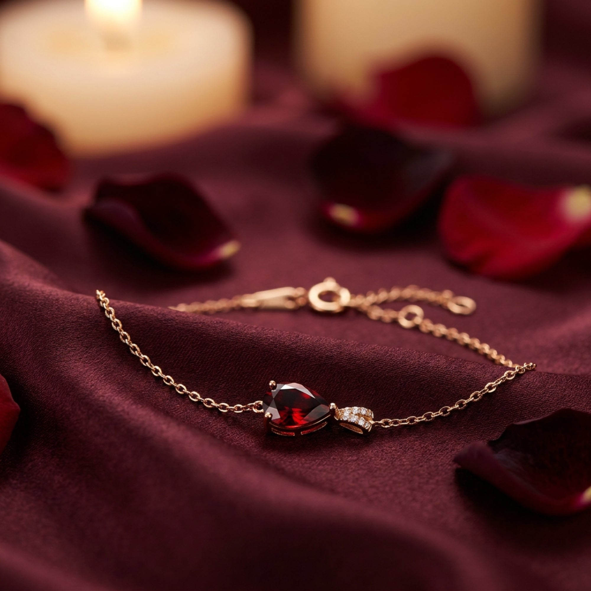 Macro view of a pear cut garnet and diamond setting on an 18K rose gold chain bracelet.