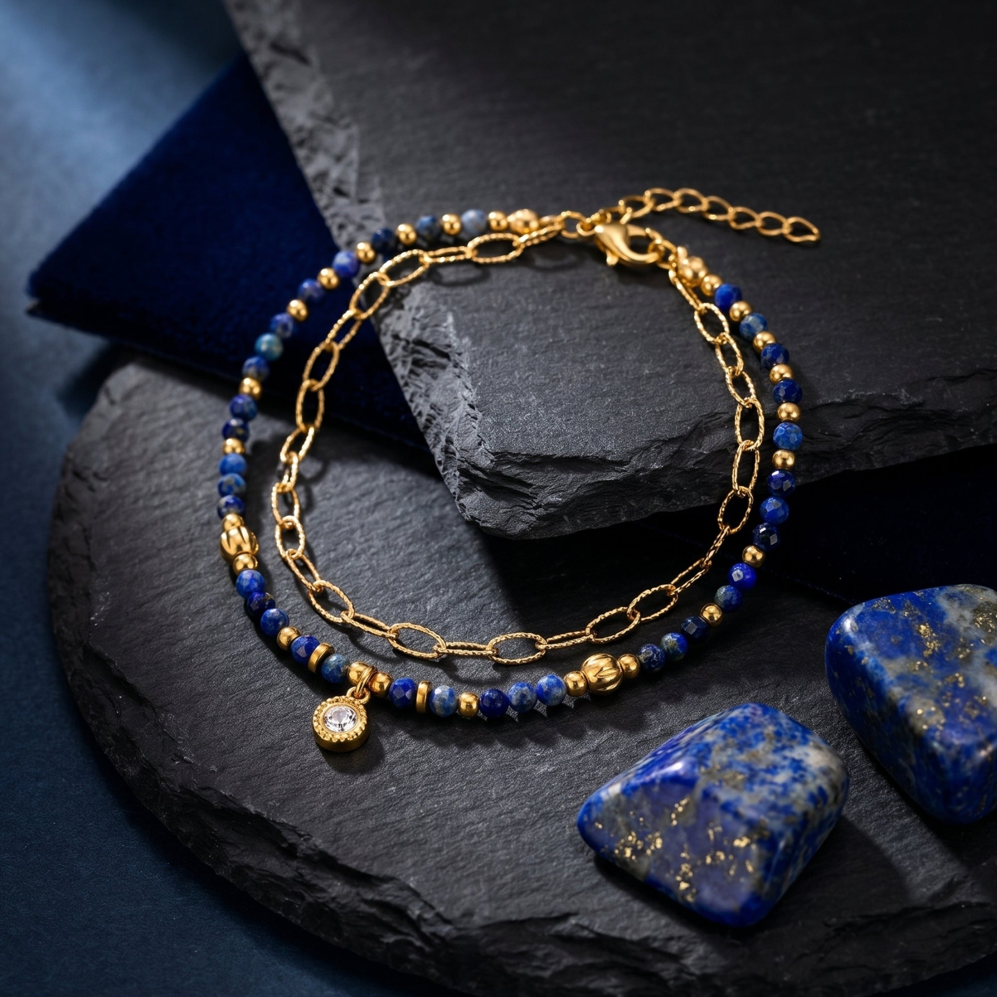Top-down view of the 18k gold plated lapis lazuli beaded bracelet and link chain on textured stone.