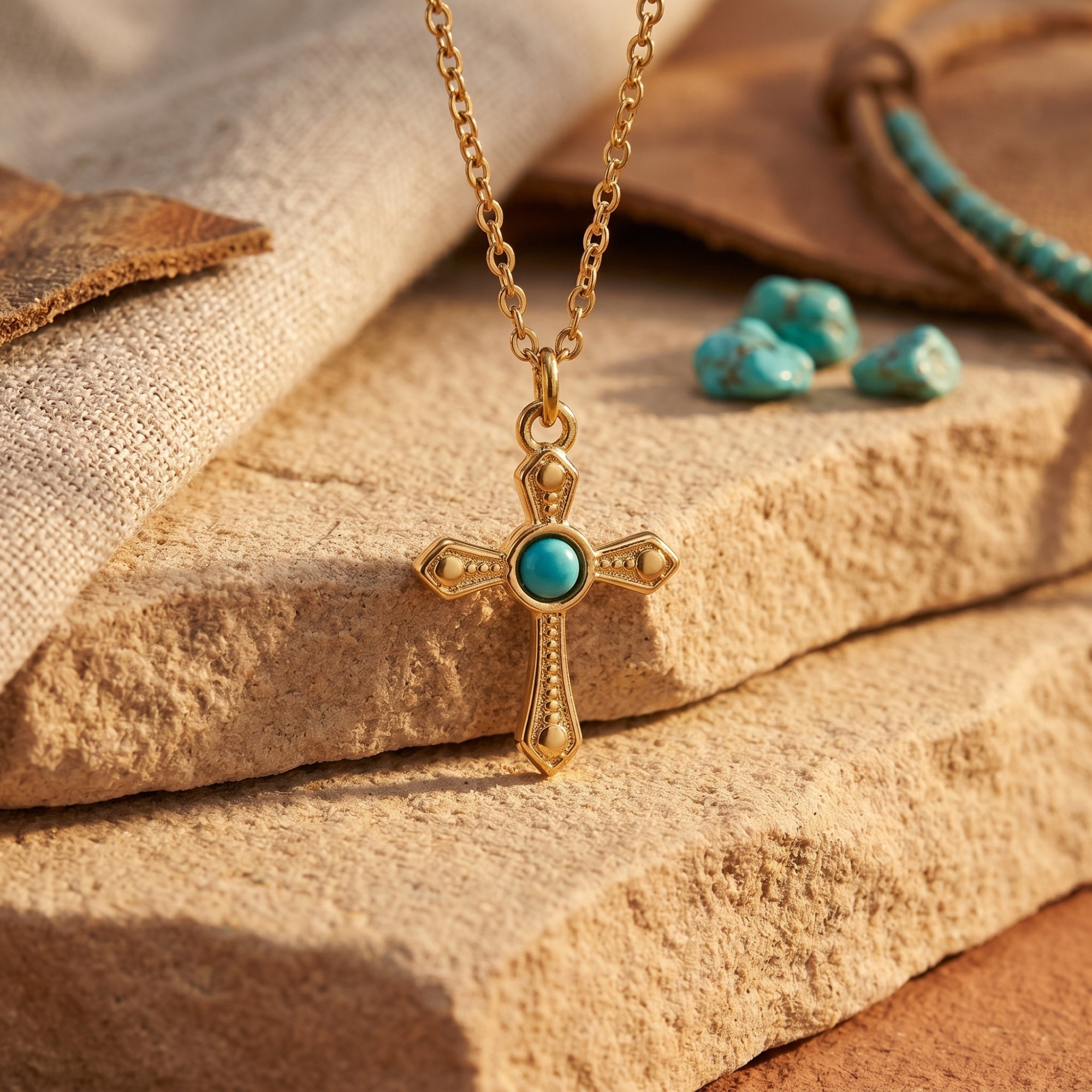 Close-up of the 18K gold finish cross pendant with a vibrant turquoise center stone and detailed metalwork.