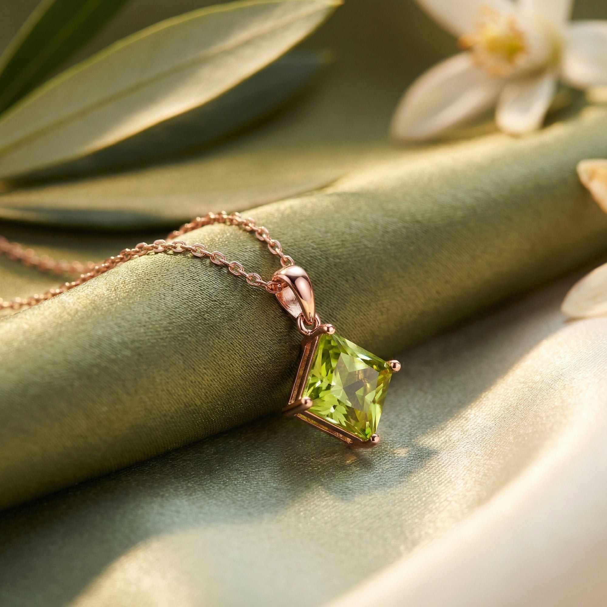 Detail view of a princess cut natural peridot pendant in 18K rose gold vermeil showing the prong setting.
