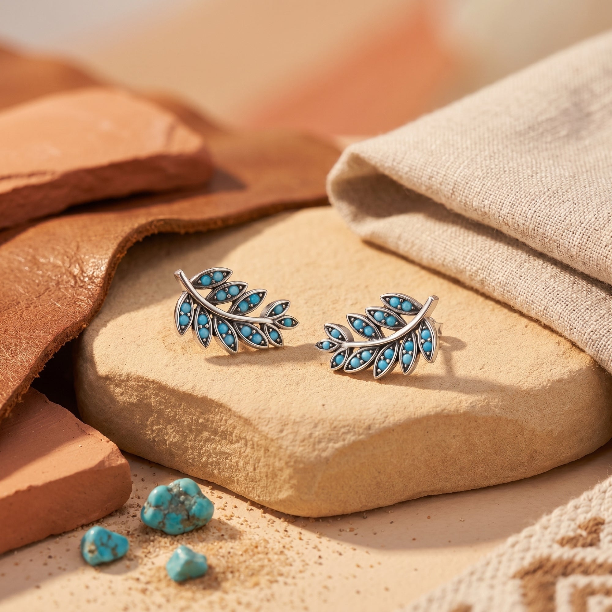 Detailed view of silver Taos Turquoise branch earrings with round stones on a stone with raw turquoise nuggets.