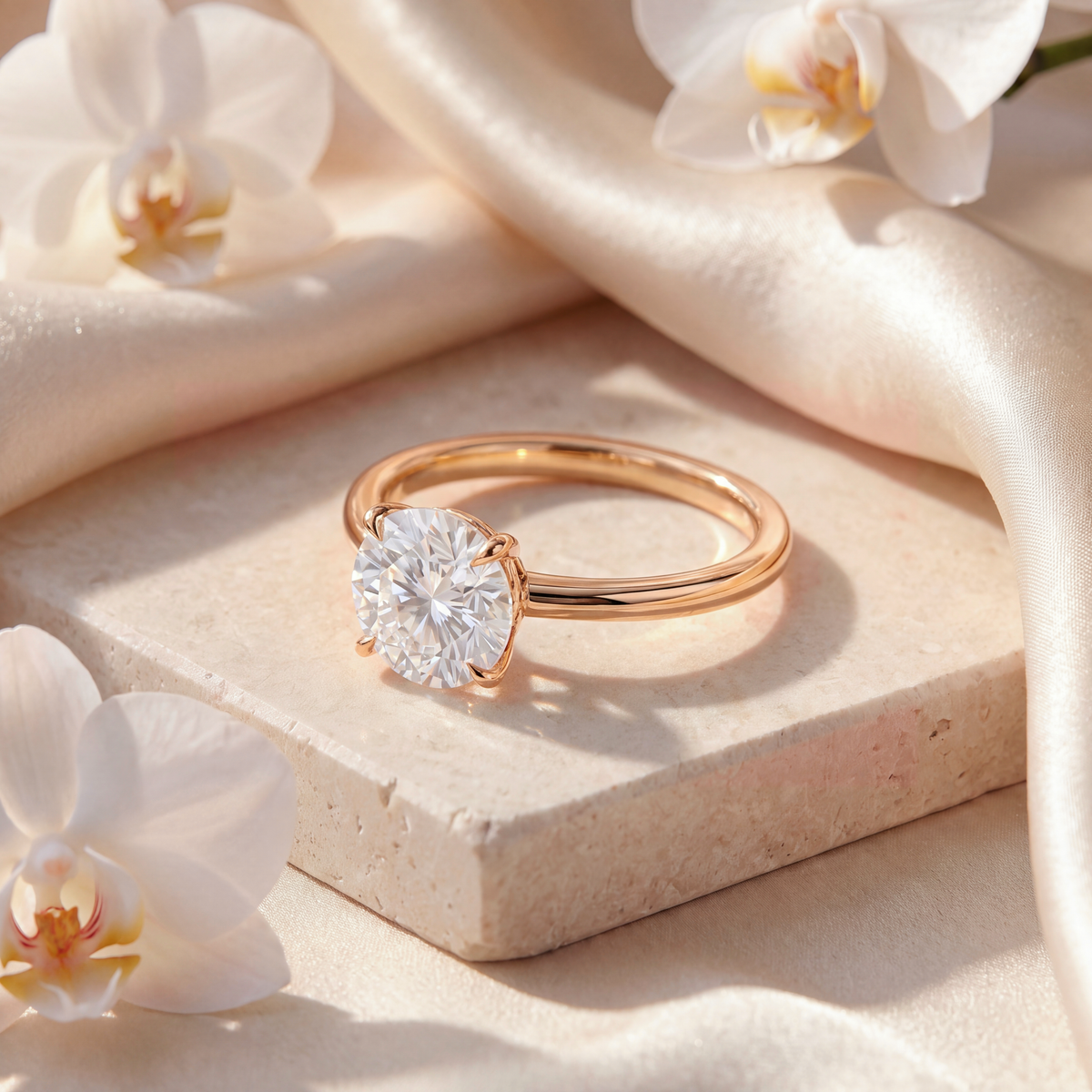 Angled view of a round moissanite solitaire ring in yellow gold resting on travertine.