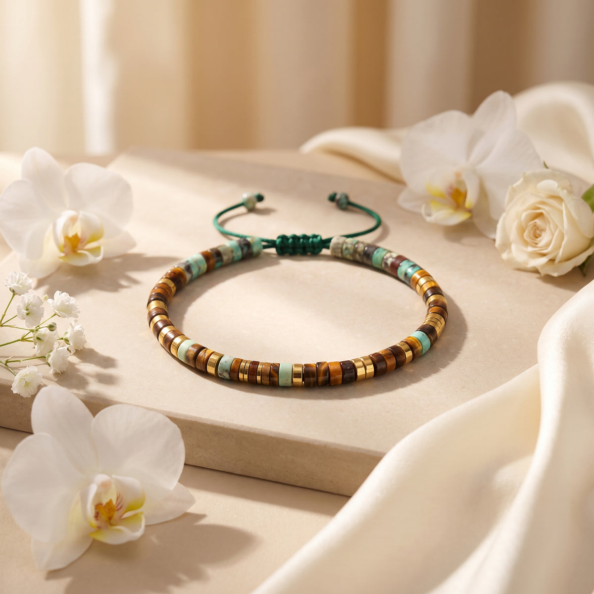 Green adjustable cord bracelet with brown and turquoise-colour beads