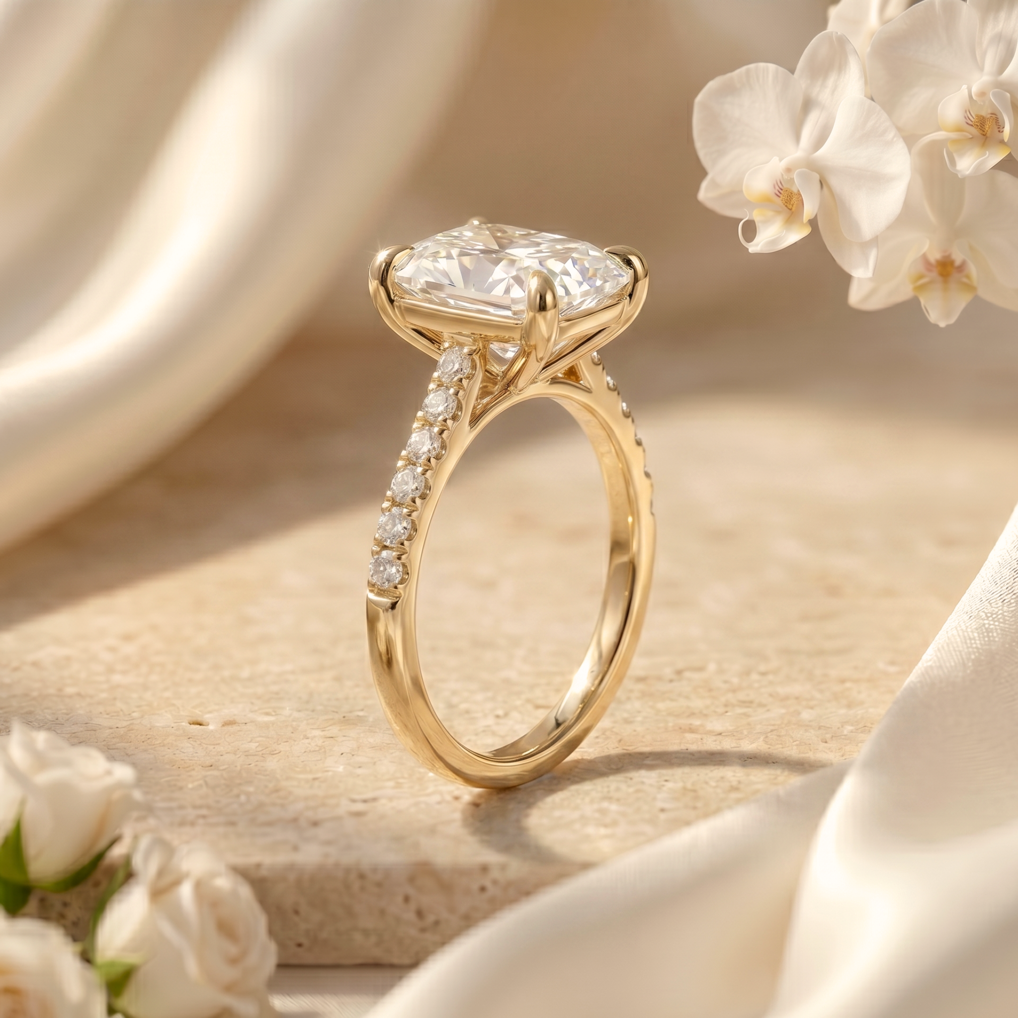Side view of a yellow gold cushion cut moissanite ring, detailing the elegant basket setting and diamond-accented band.