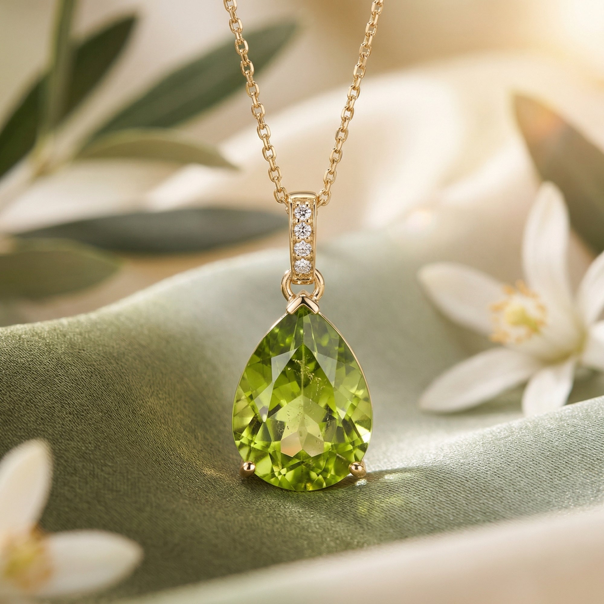 Close-up of a pear cut natural peridot pendant with a diamond-set bail in 18K solid gold.
