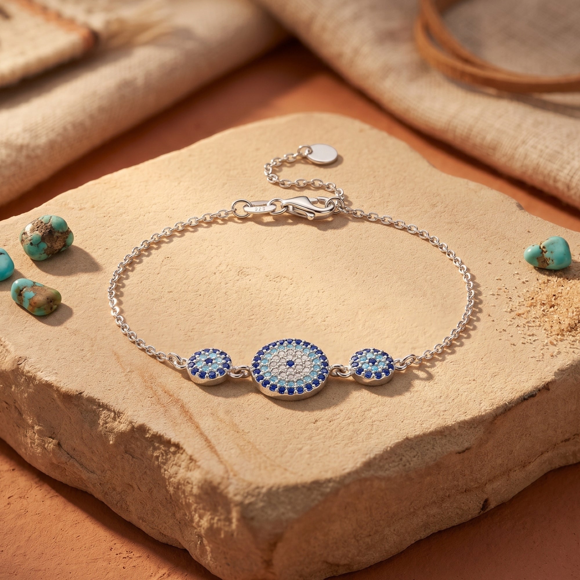 Detail of the three circular stations with robin's-egg blue turquoise and pavé stones on a silver bracelet.