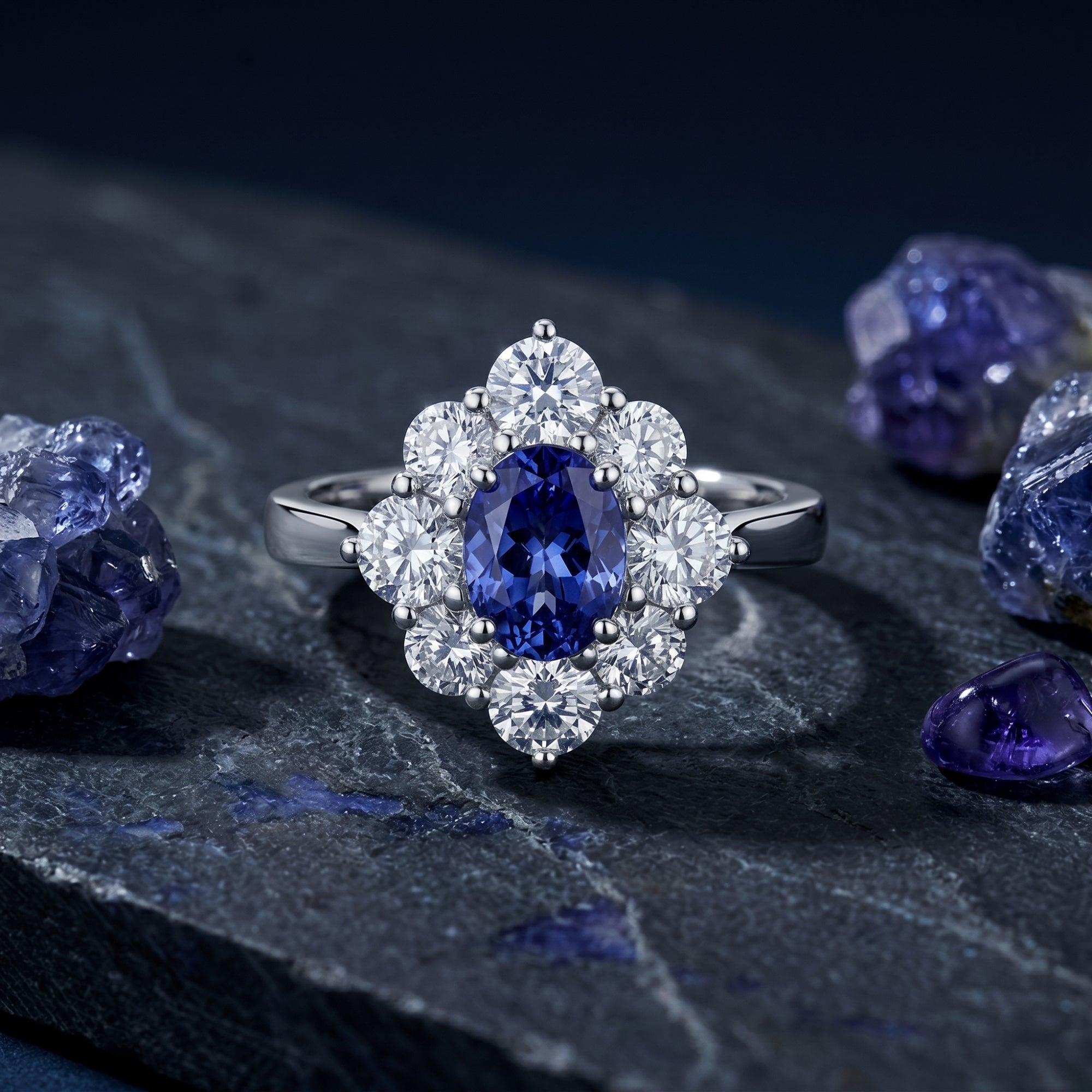 Macro view of the silver Lirienne ring's oval tanzanite center and round stone halo on a dark rock.