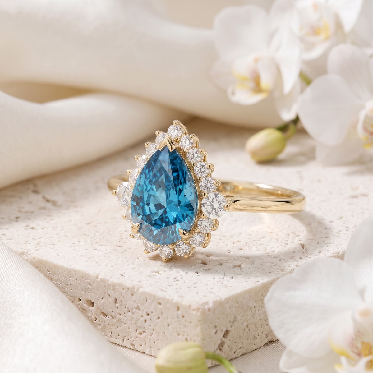 Side angle view of a pear-cut blue moissanite halo ring in yellow gold on a stone surface.