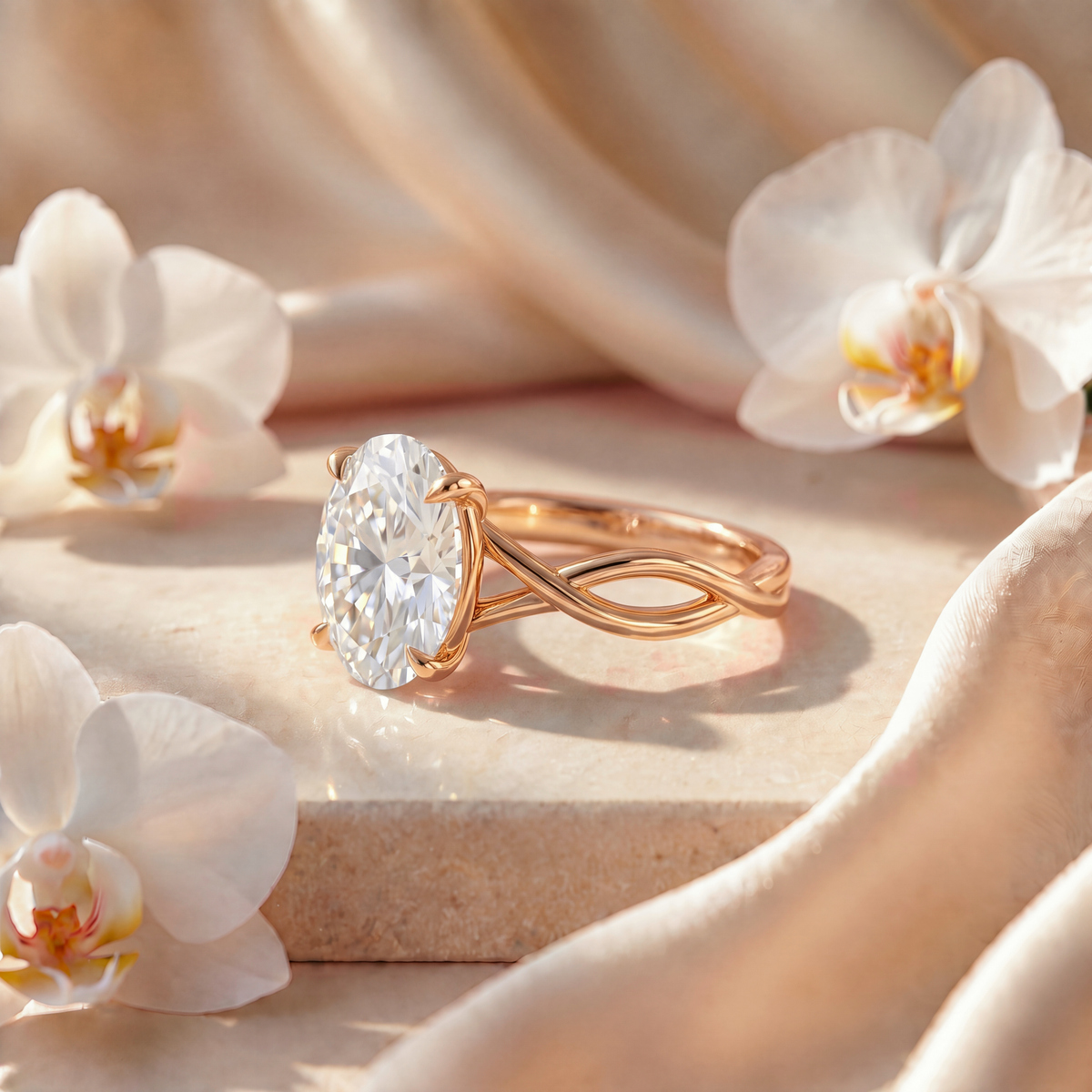 Side profile view of an oval moissanite engagement ring in yellow gold displaying the twisted band.