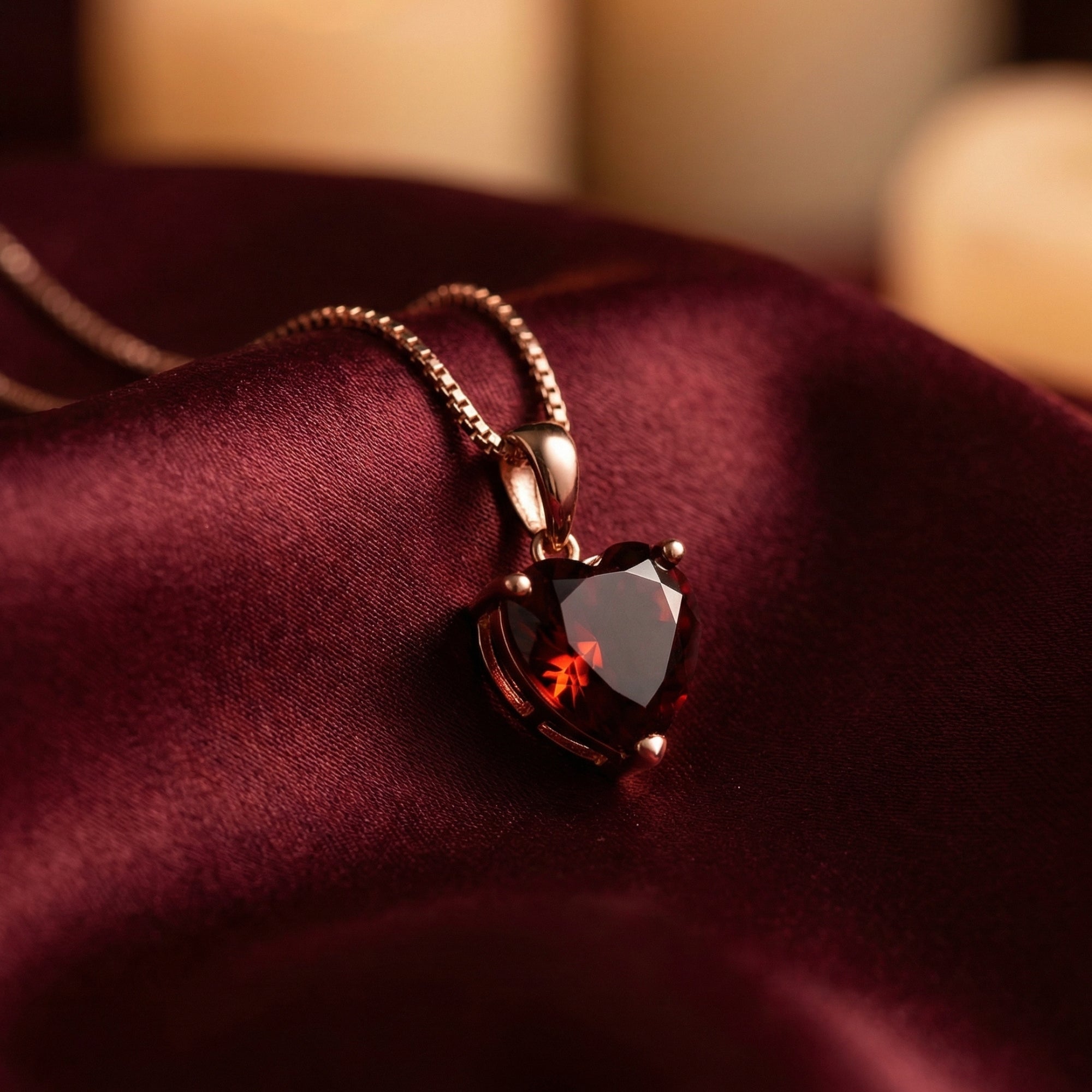 Macro detail of a 2.5CT heart cut garnet gemstone in an 18K rose gold setting.