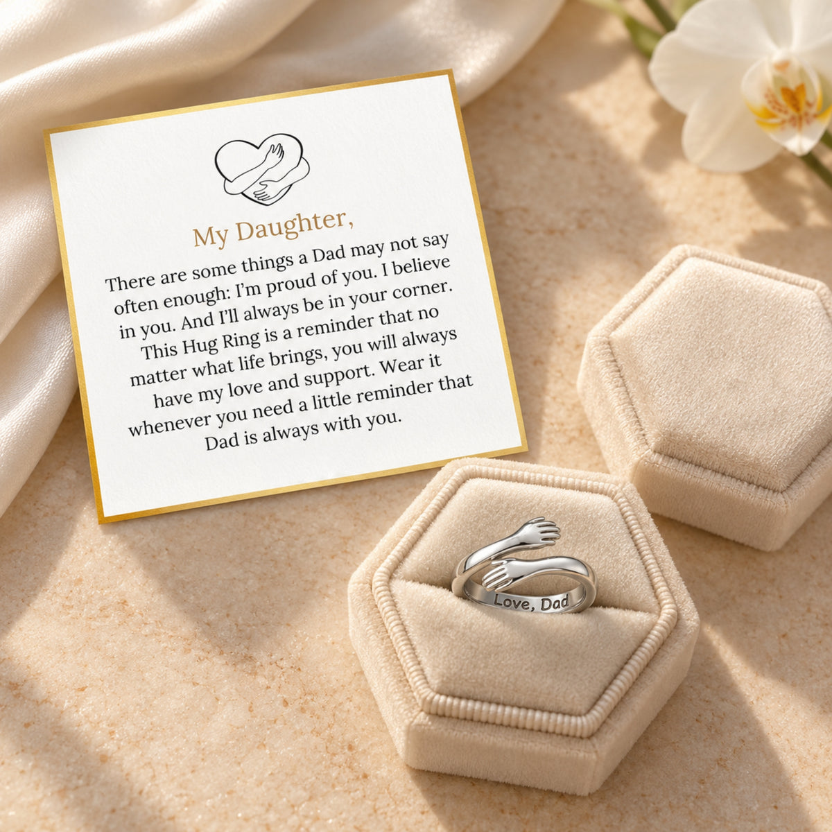 My Daughter card from Dad and hug ring in standard gift packaging