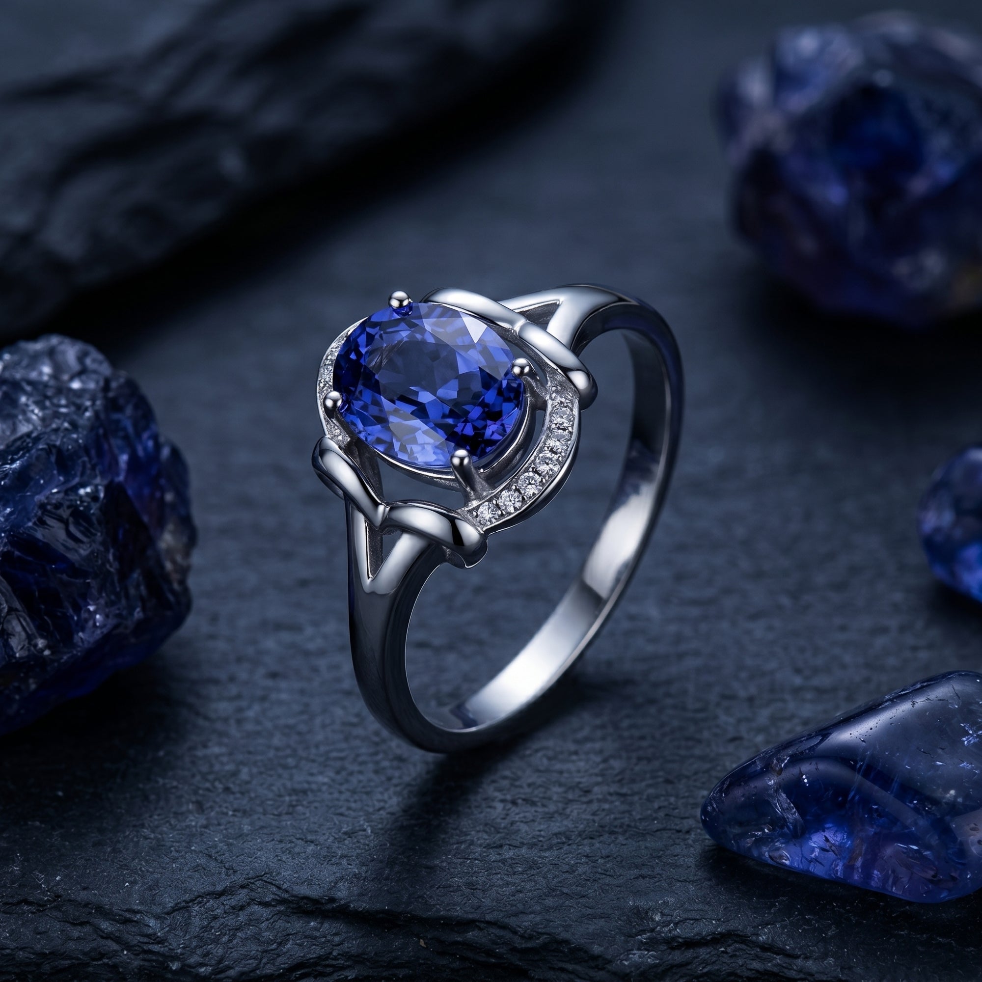 Side view of the 18K white gold oval tanzanite ring with diamond halo on a textured dark stone background.