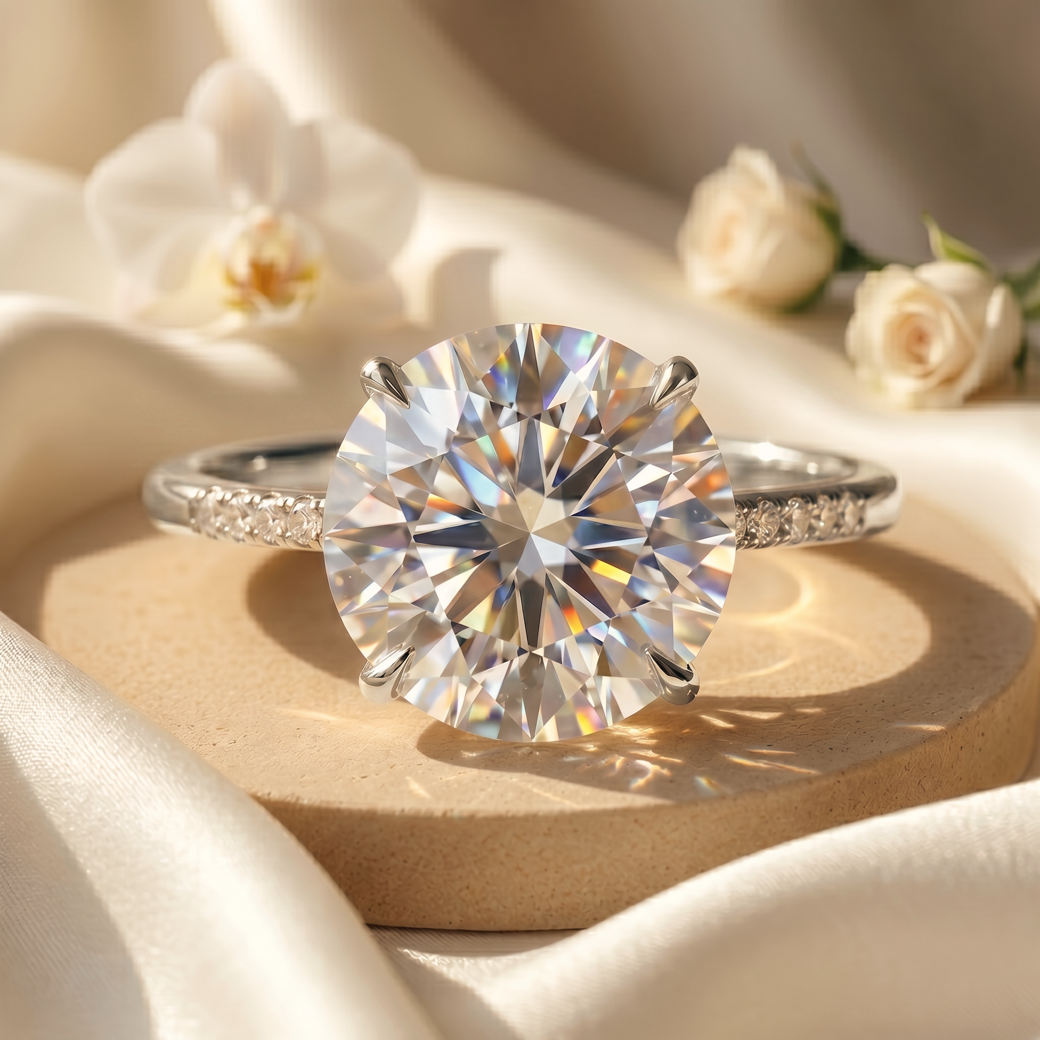 A front-facing view of a brilliant round-cut moissanite engagement ring on a white gold pave band.