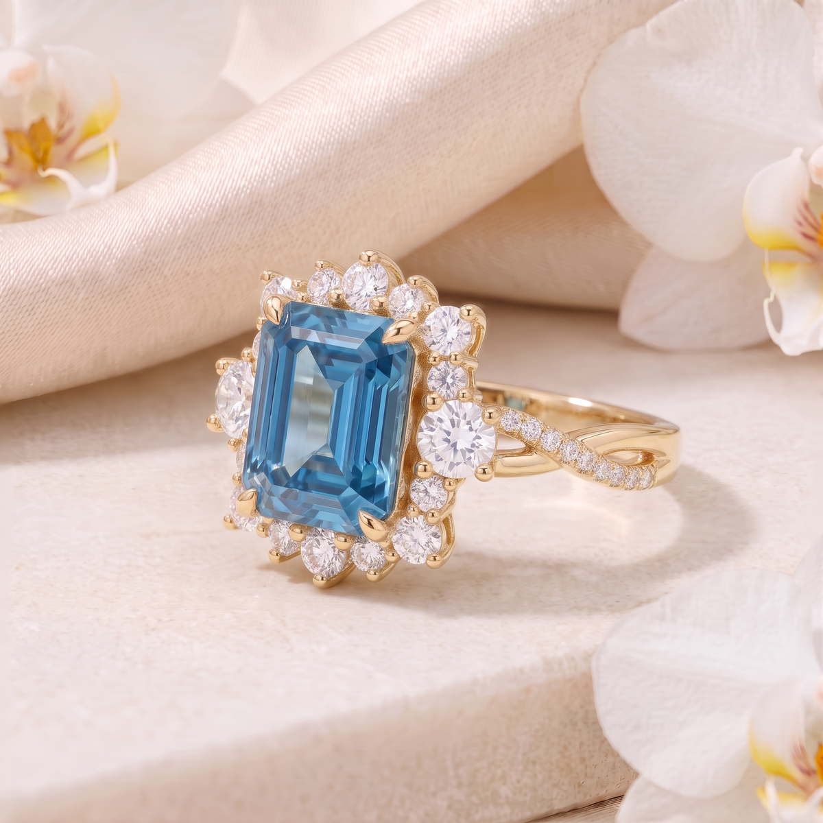 Side angle view of an emerald cut blue moissanite halo engagement ring in yellow gold