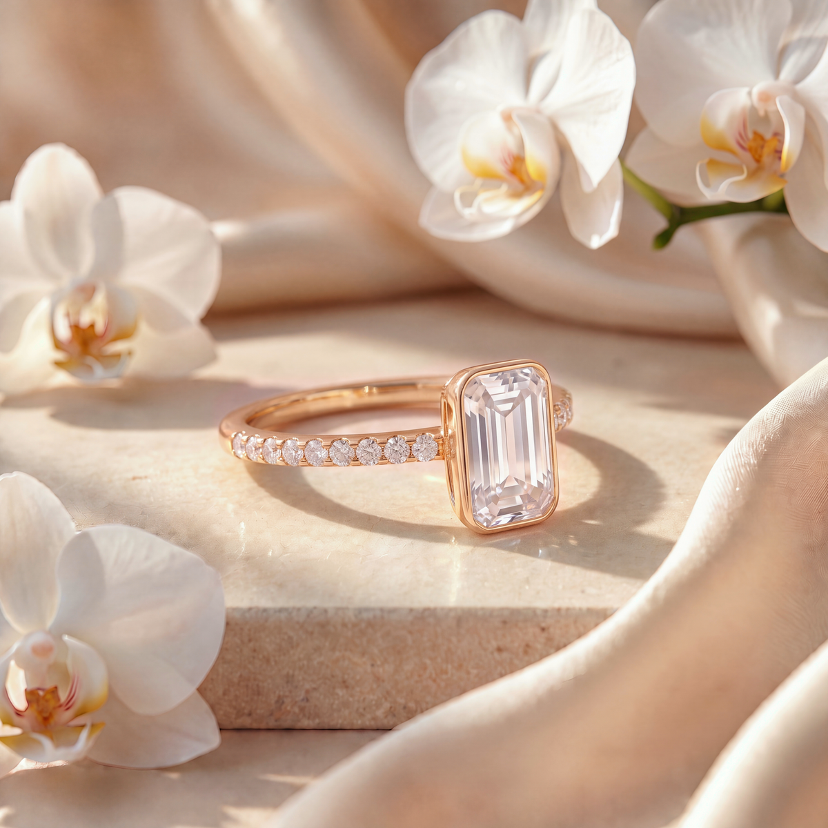 Side angle view of an emerald-cut bezel moissanite engagement ring with a pavé band in yellow gold.