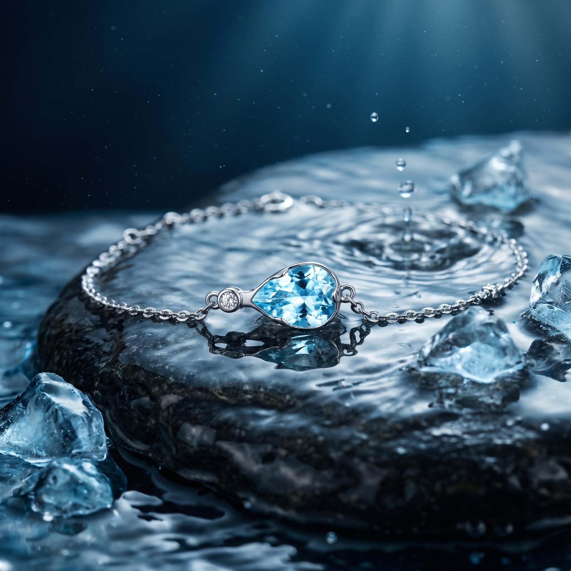 Close-up of a pear cut aquamarine stone in a platinum bracelet setting on a wet stone.