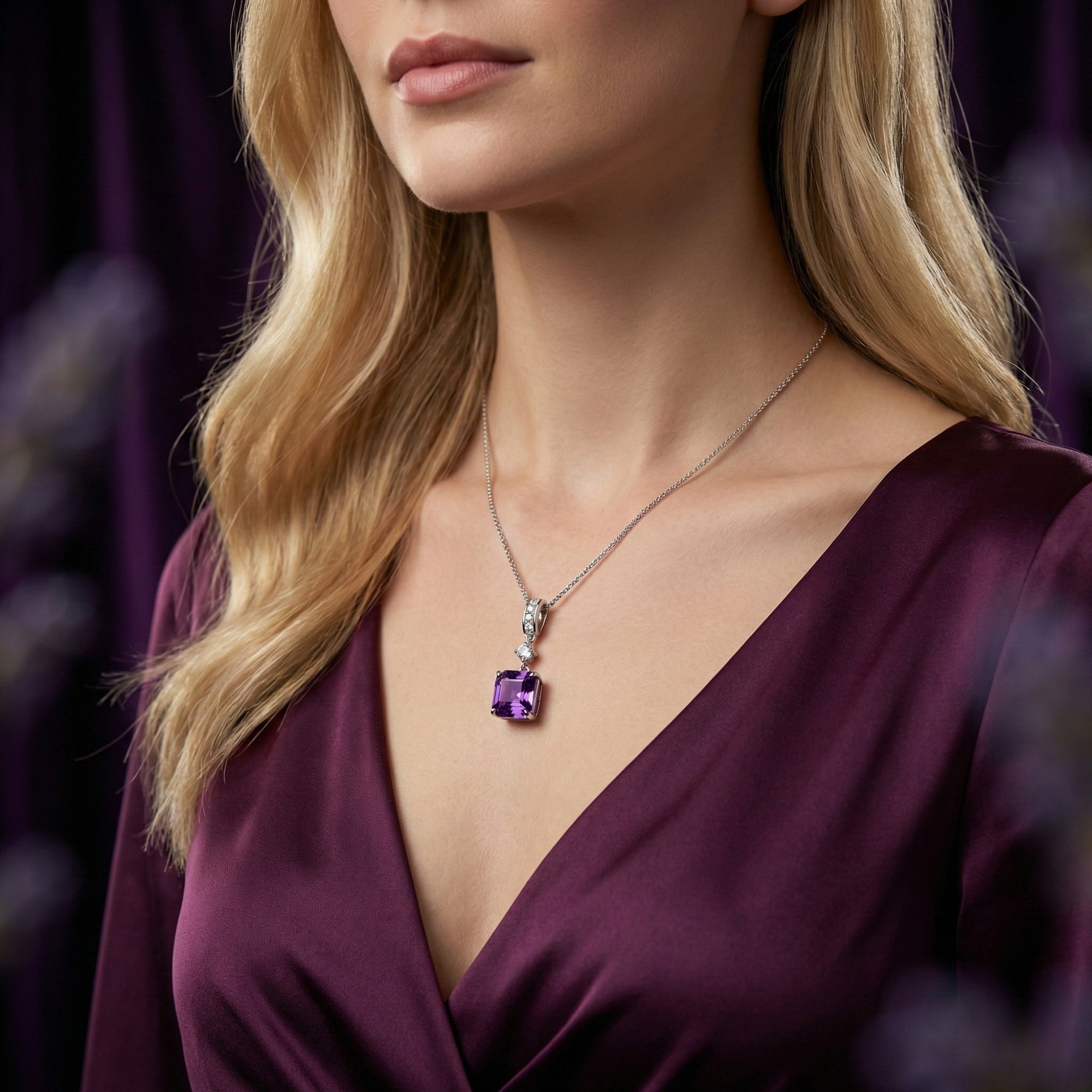 Woman wearing the square cut natural amethyst pendant on a sterling silver chain with a purple dress.