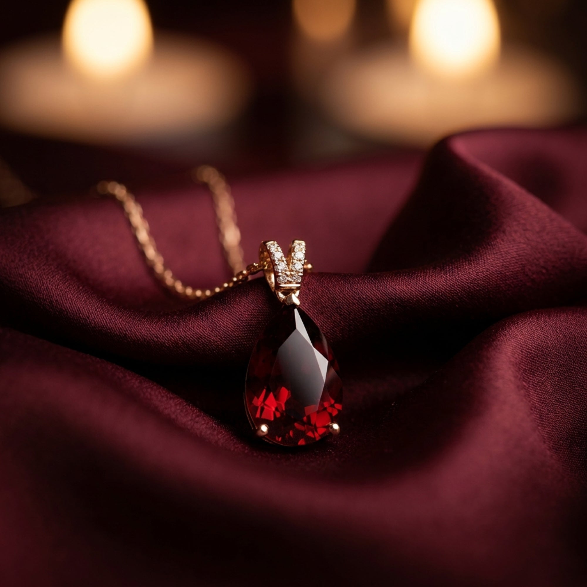 Close-up of a pear cut garnet necklace in 18K rose gold on red silk with soft candle light in the background.
