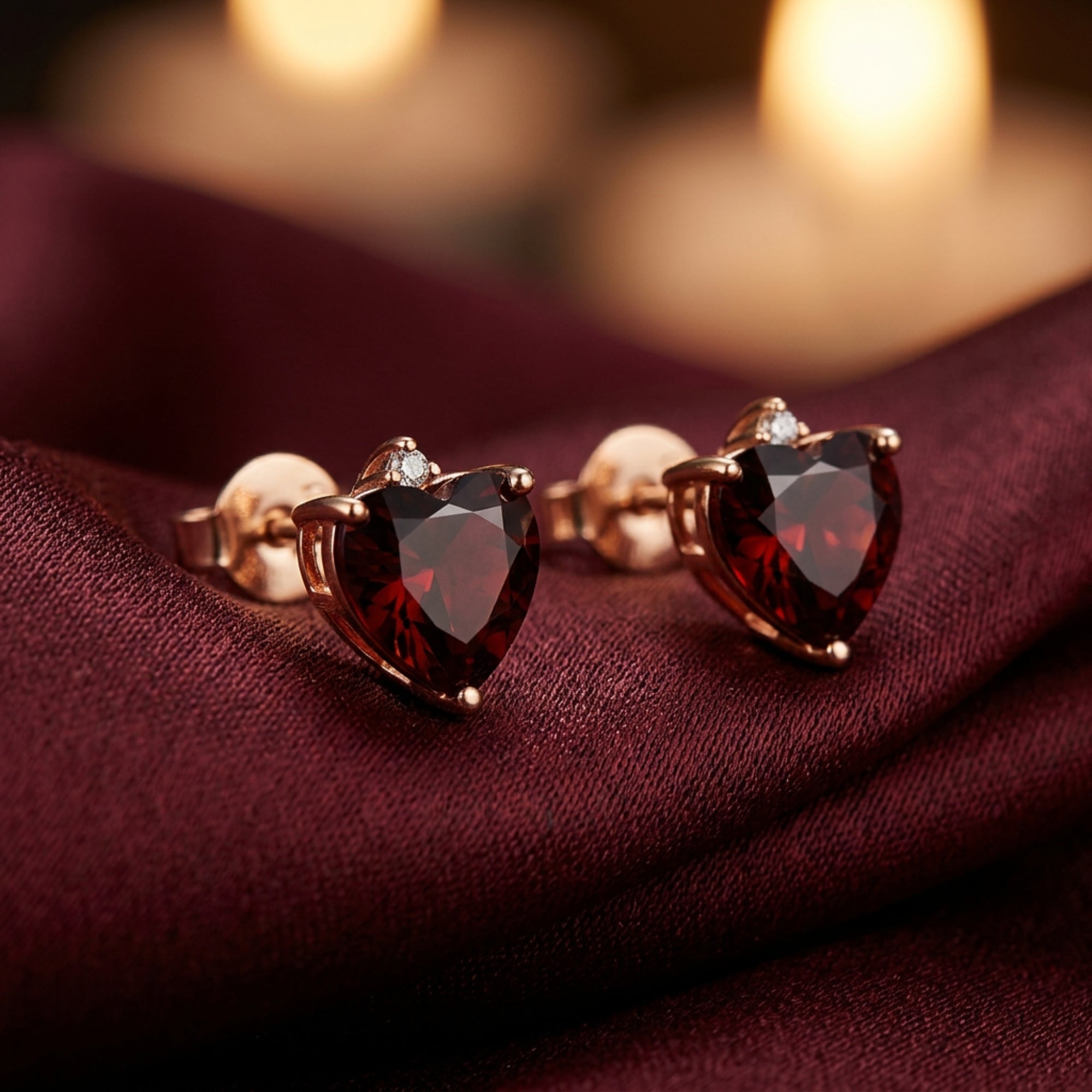 Close-up of heart-cut natural red garnet earrings in 18K rose gold settings with small diamond accents.