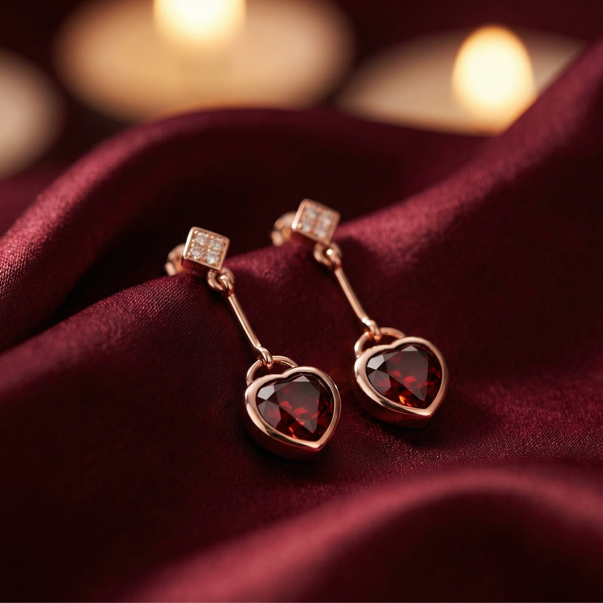 Macro view of heart-cut red garnet gemstones in 18K rose gold Rosalette drop earrings on red fabric.