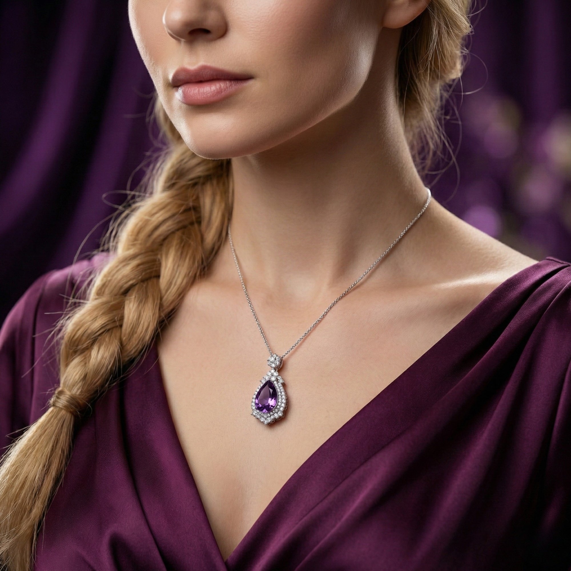 Model wearing the Zaria pear cut amethyst pendant necklace in sterling silver.