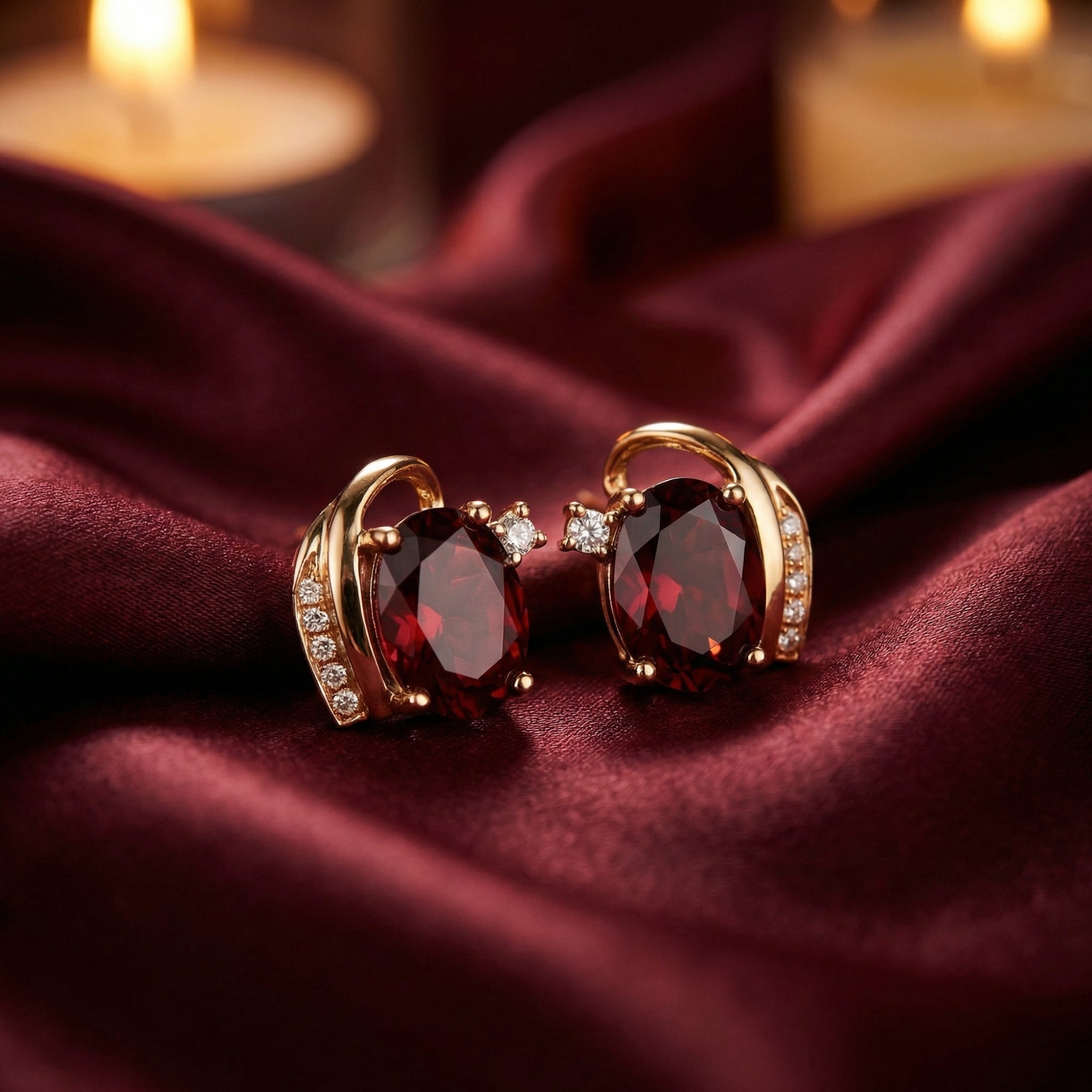 Pair of Carisia 18K rose gold and oval garnet drop earrings displayed on elegant draped red silk fabric.