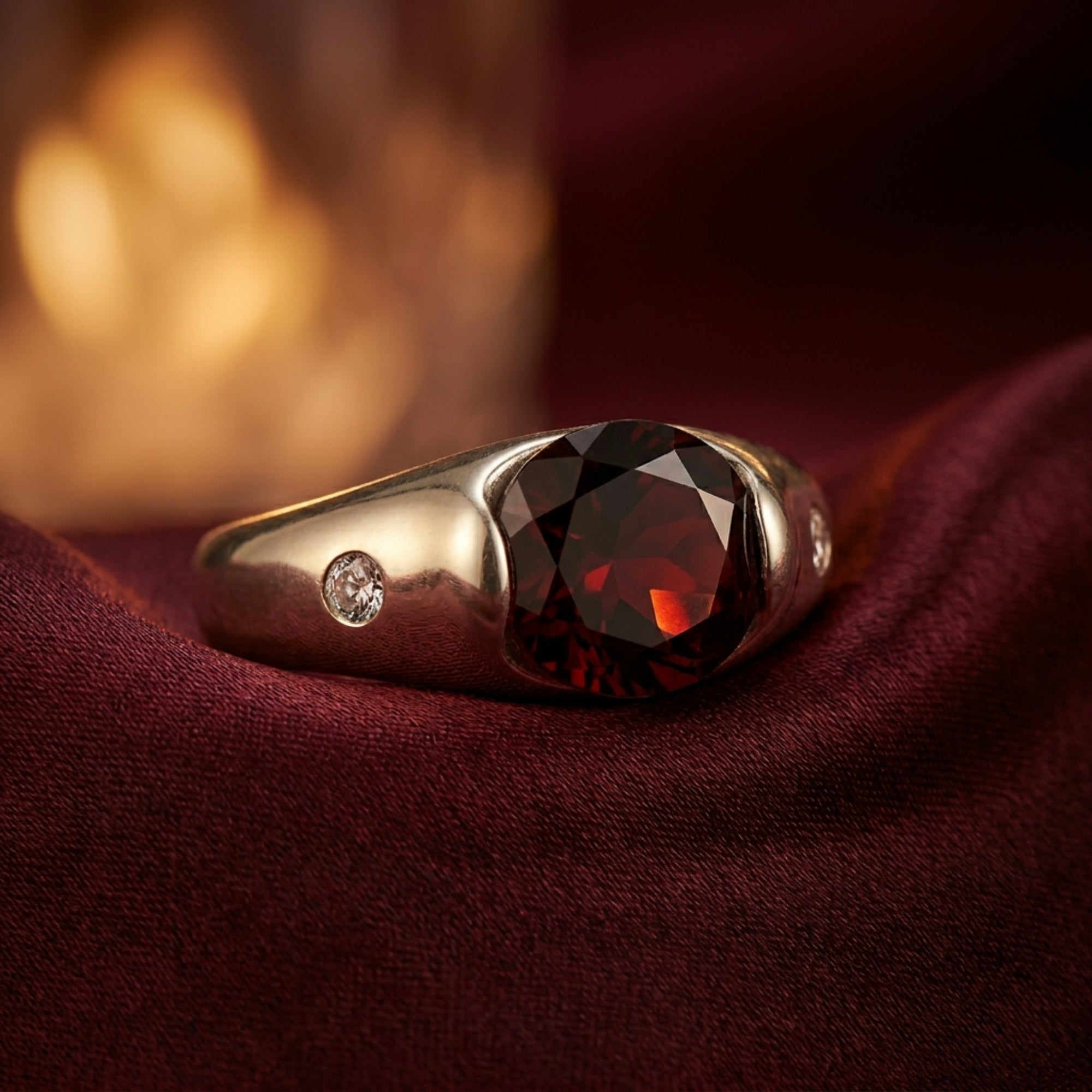Macro view of the 7x9mm oval garnet and side stones in a sterling silver ring setting.