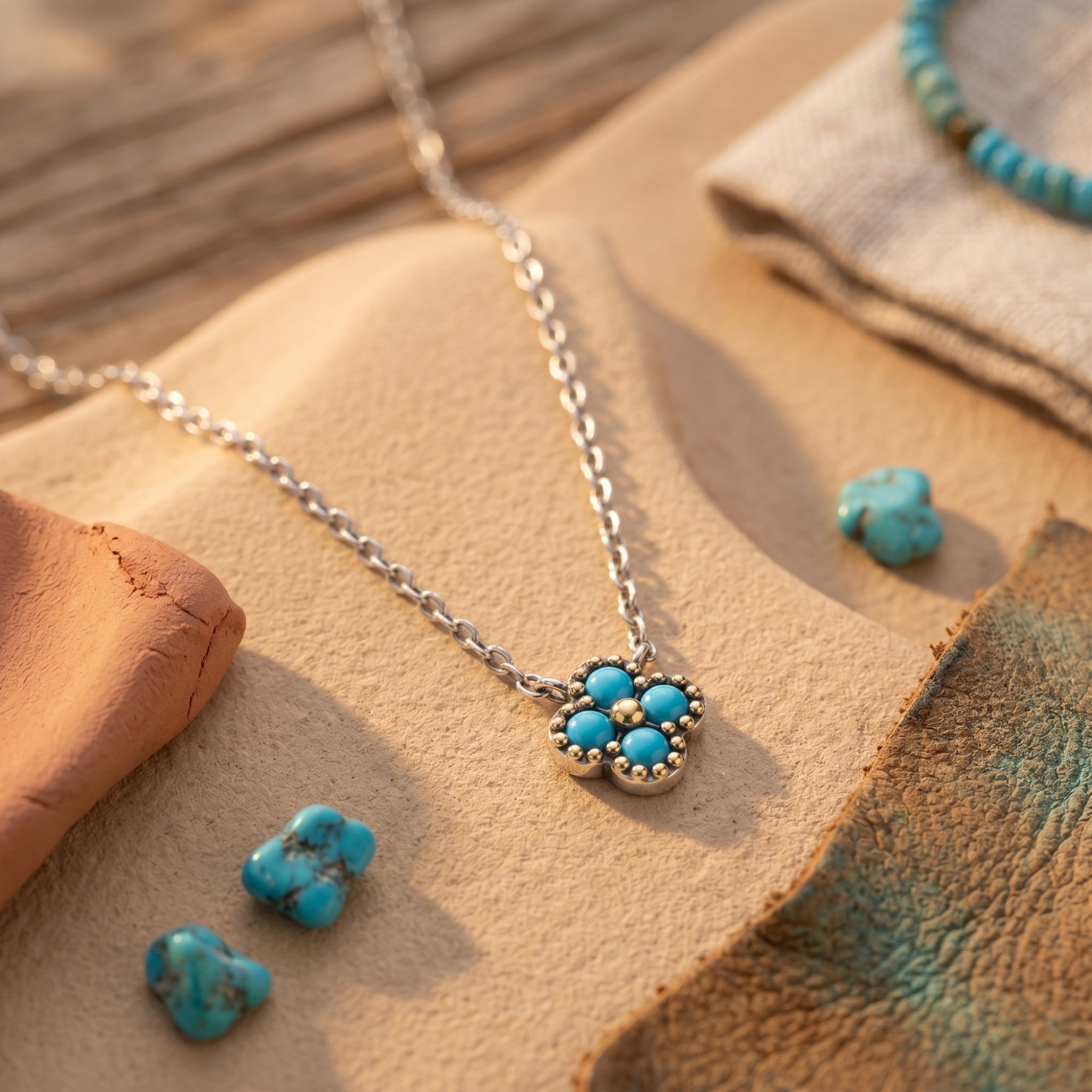 Close-up of a silver flower pendant necklace featuring four round turquoise cabochons.