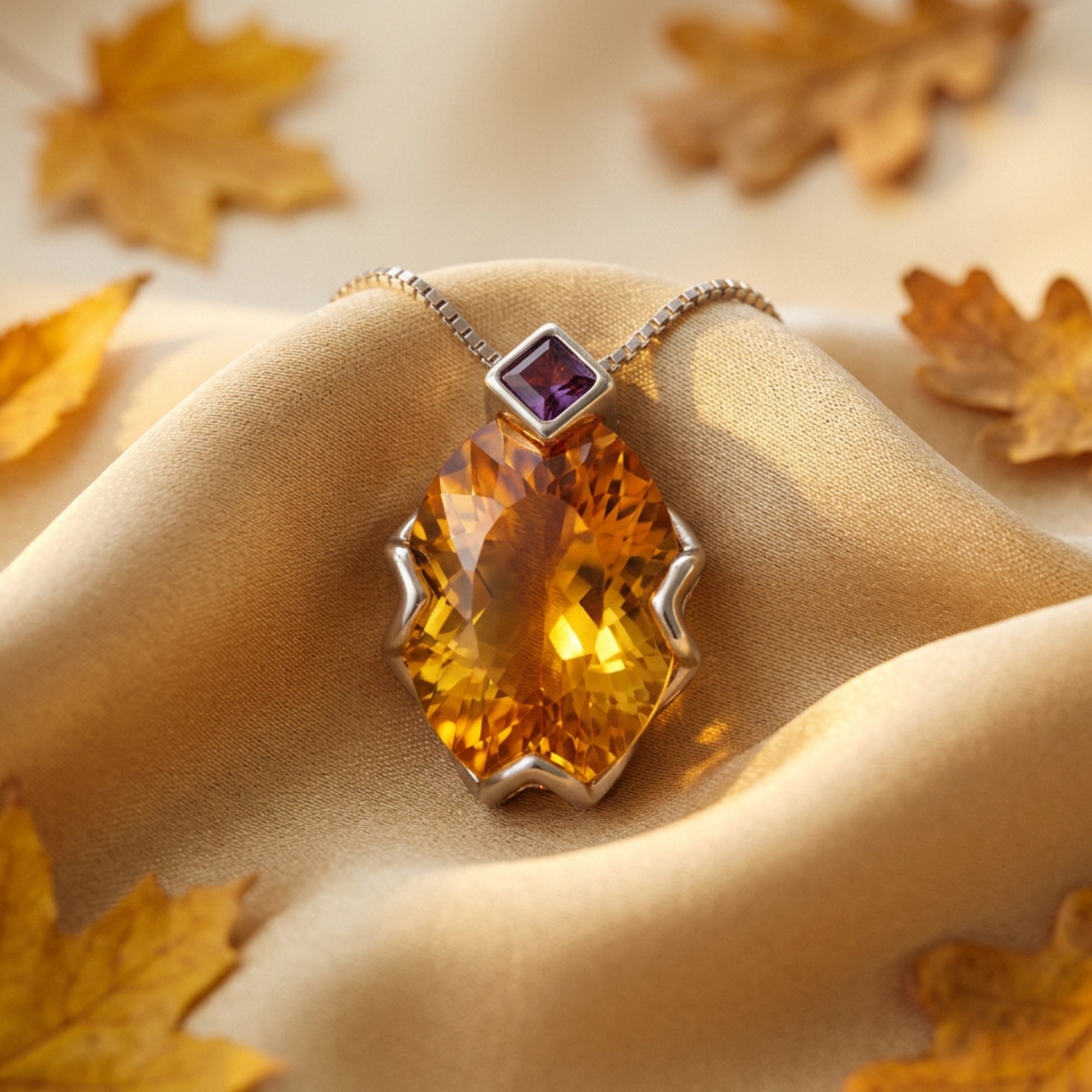 Macro shot of the oval-cut citrine pendant with a square amethyst accent in a silver setting.