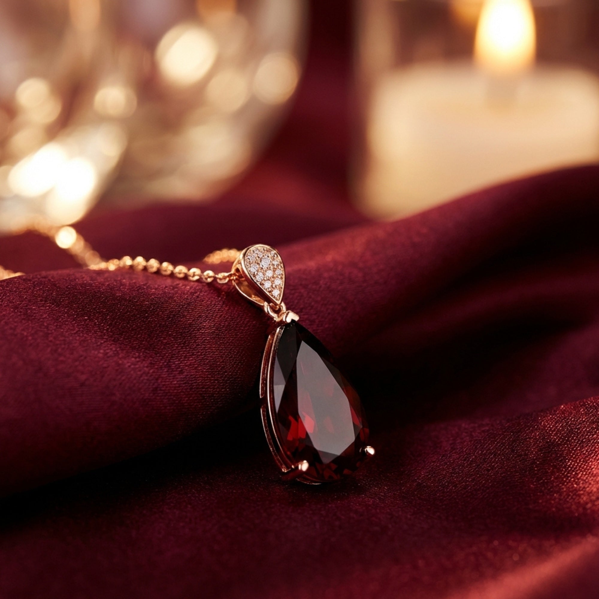 Close-up of a 6.0-carat pear-cut natural garnet pendant with a diamond-set bail on an 18K rose gold chain.