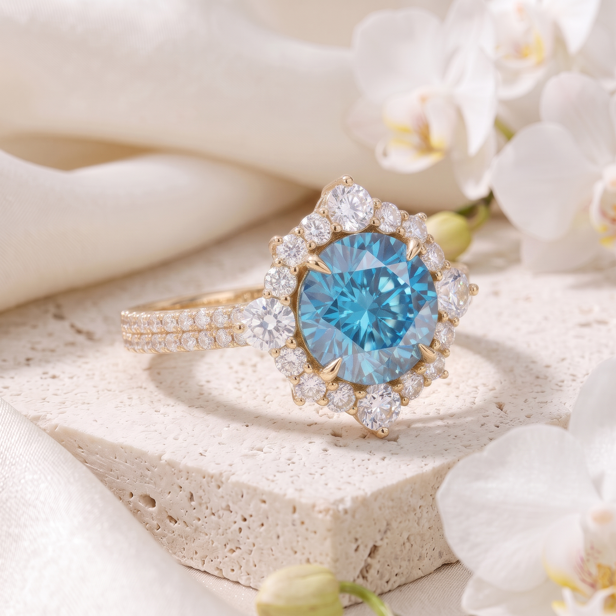 Angled view of a yellow gold blue moissanite halo ring displaying the setting and pavé shank.