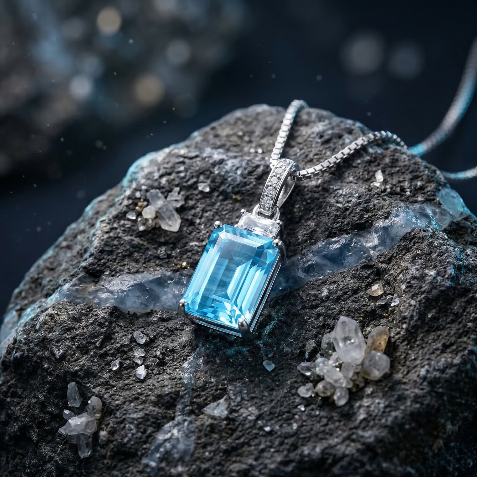 Macro view of an emerald cut blue topaz pendant in silver, highlighting the step-cut facets and stone-set bail.