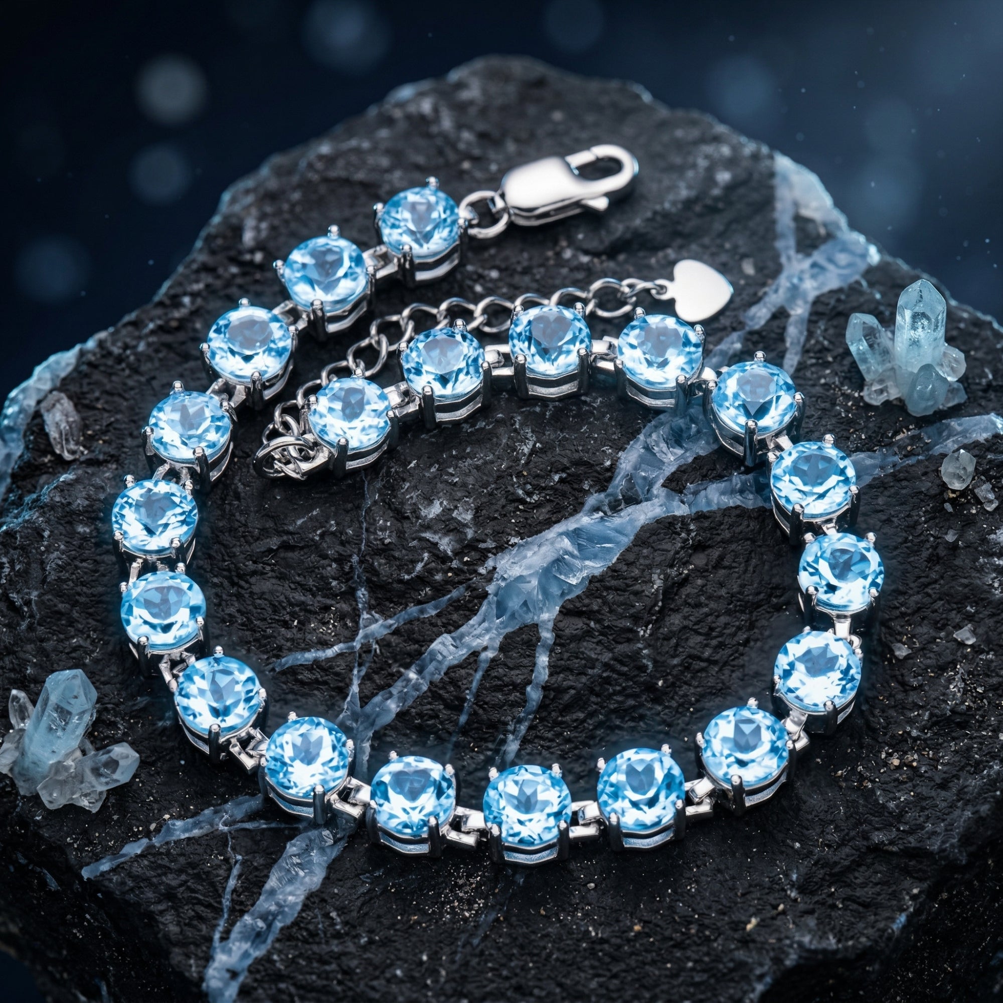 Macro view of 6mm round cut Swiss blue topaz stones and silver clasp on a white gold bracelet.