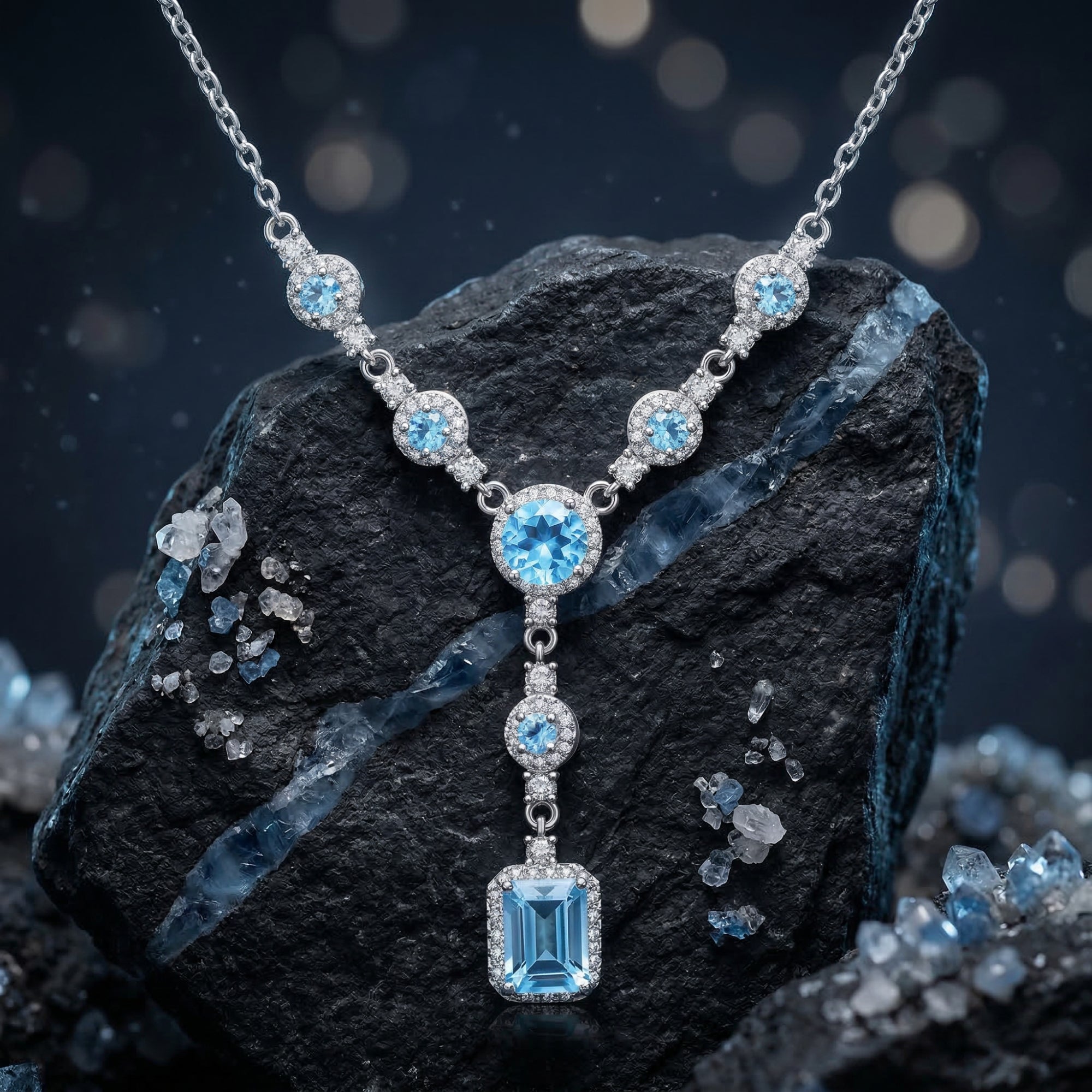 Close-up of an emerald cut natural blue topaz pendant necklace in white gold resting on a dark textured rock.