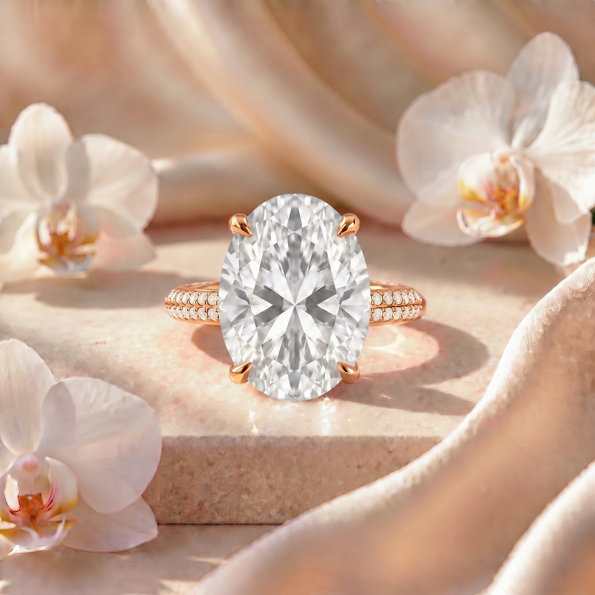 Front view of an oval moissanite engagement ring with a double-row pavé band in yellow gold.
