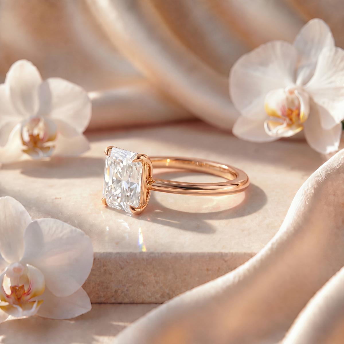 Side angle view of a yellow gold radiant-cut moissanite solitaire ring on a marble platform.