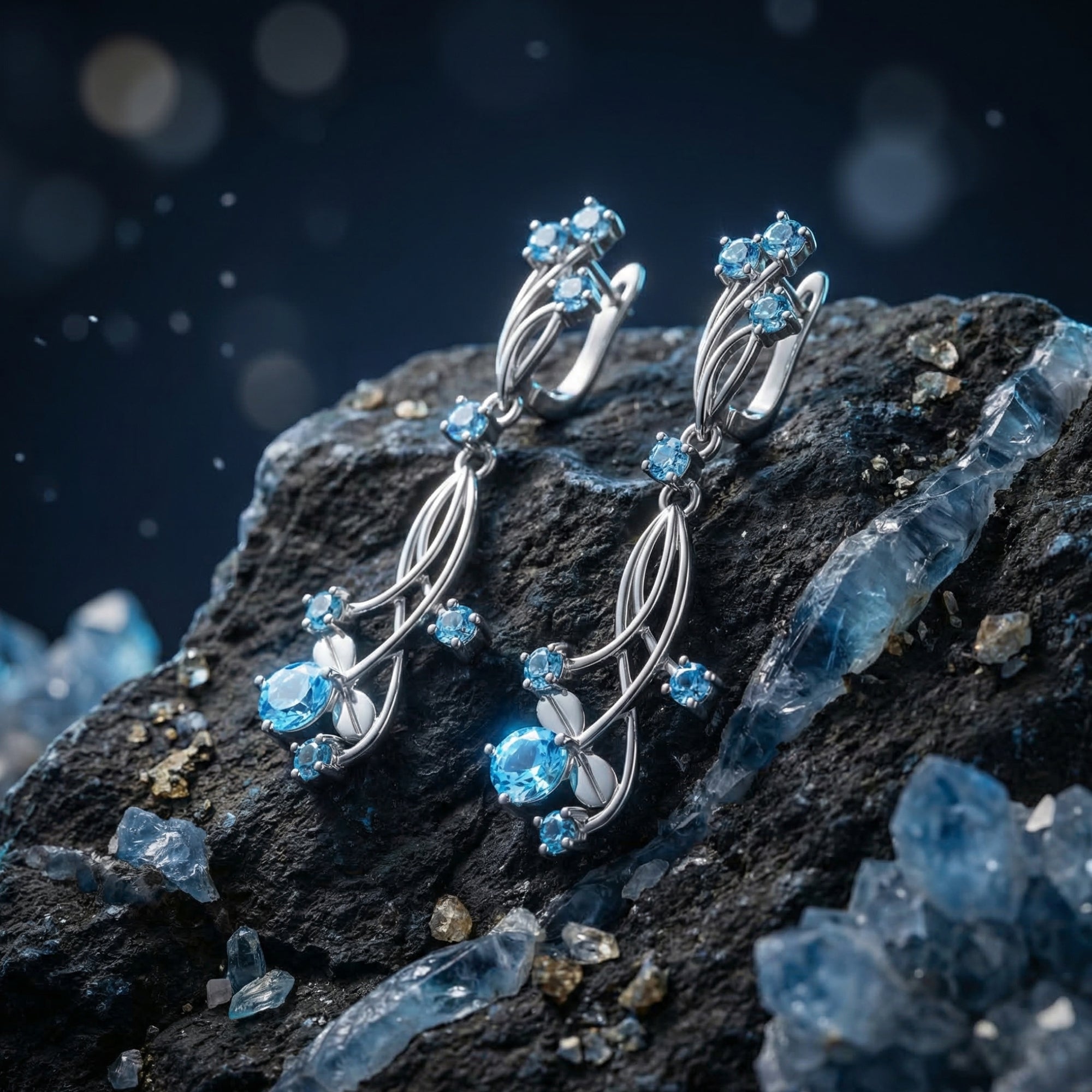 Macro view of Oceanis Cascade silver drop earrings showing faceted pear-cut and round blue topaz stones on a rock.