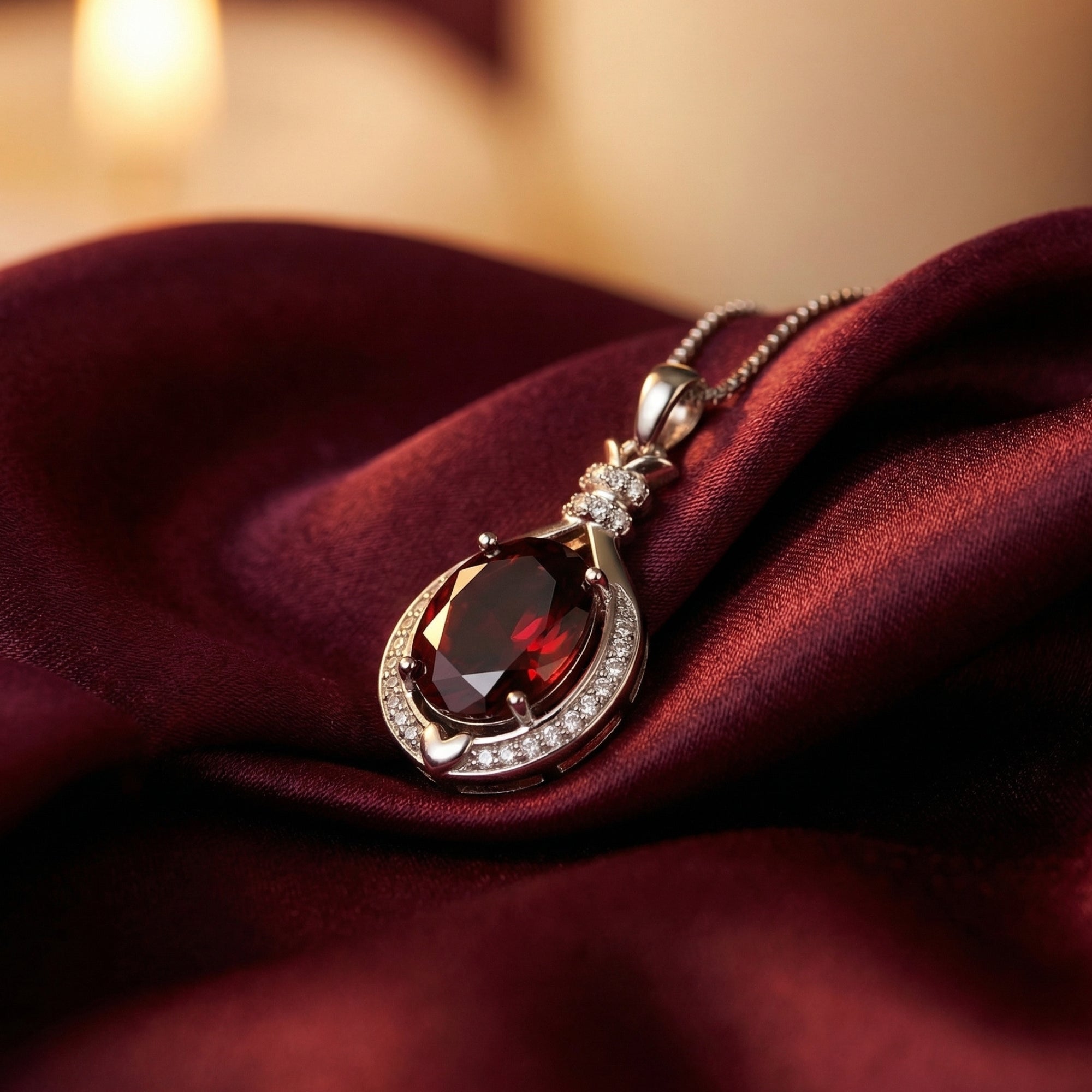 Close-up of a 5-carat oval natural garnet pendant with a sparkling halo on red satin fabric.