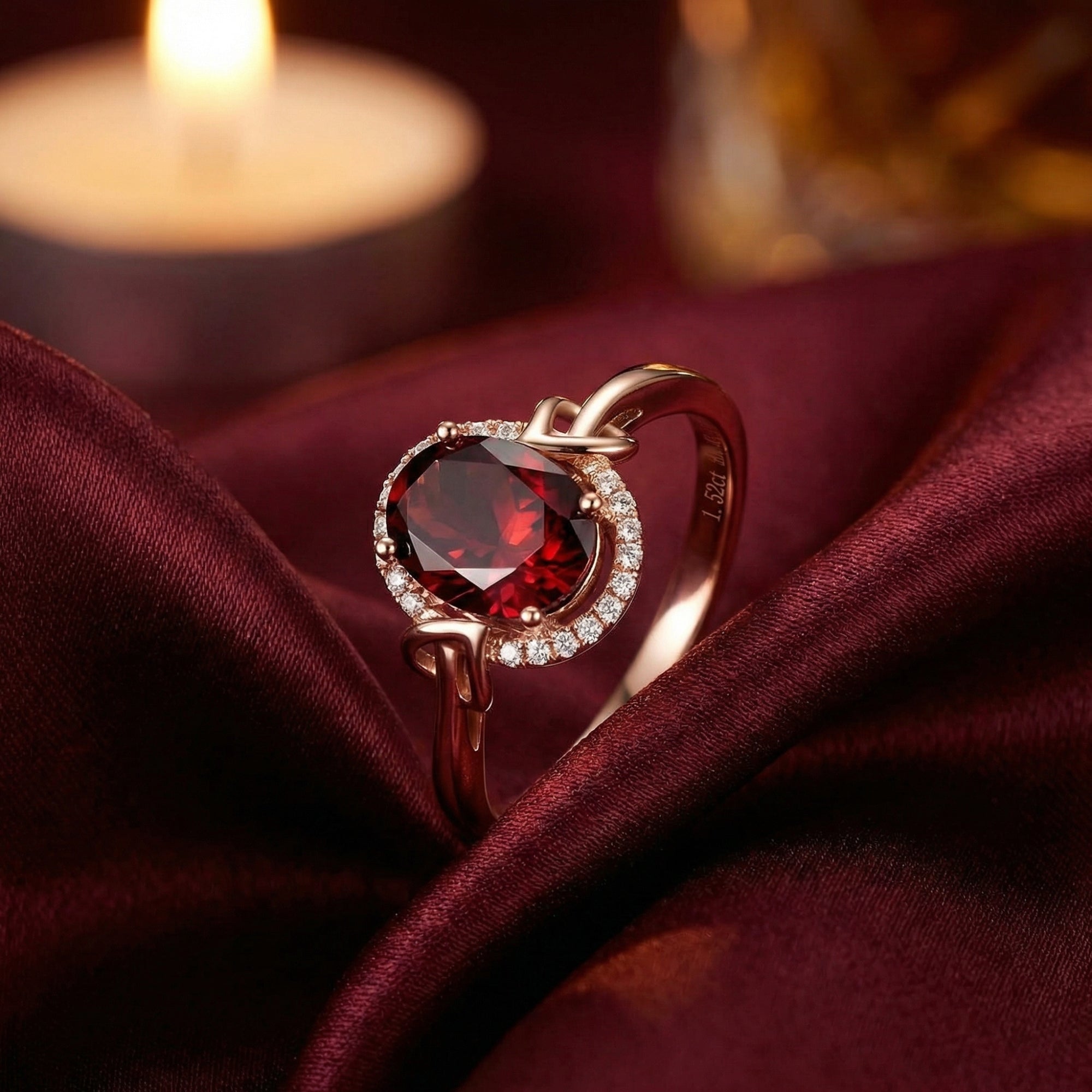 Macro view of the oval cut garnet and rose gold halo setting, showing the 1.52ct engraving on the inner band.