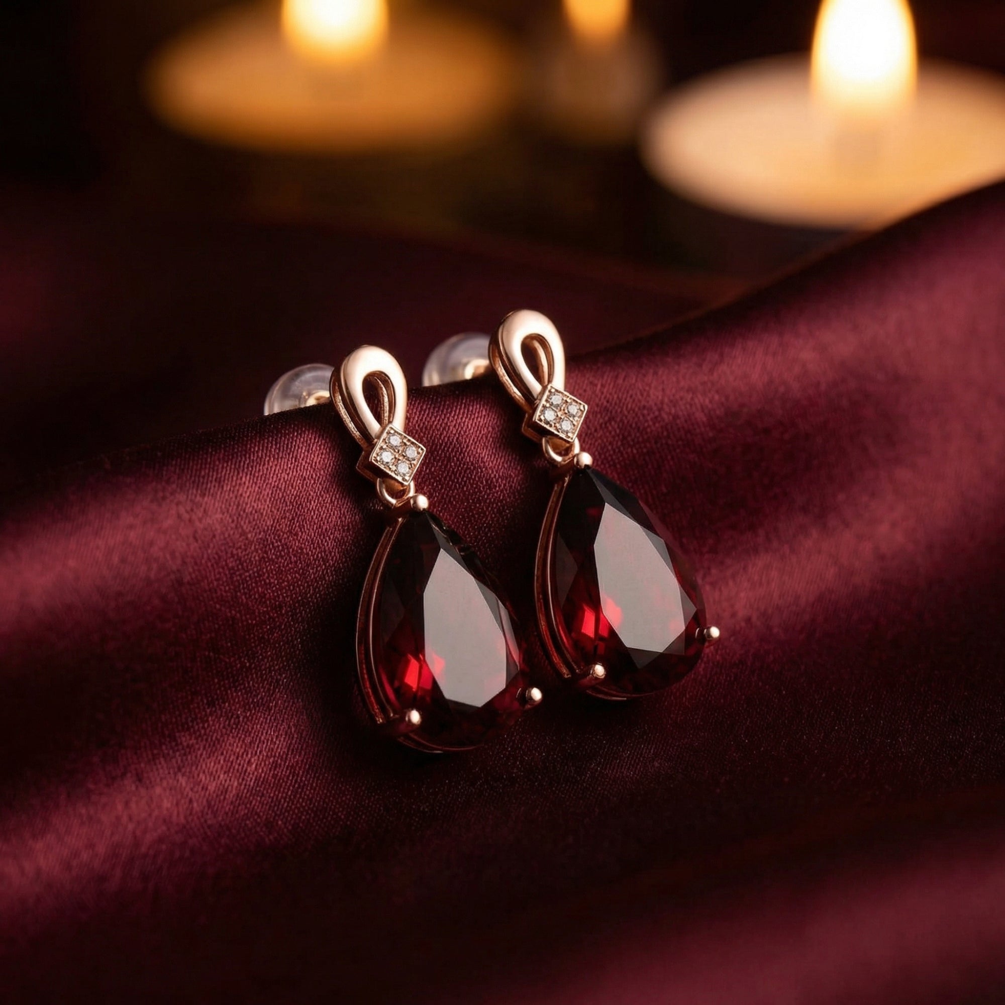 Close-up of 18K rose gold drop earrings showcasing the precision-cut 8x12mm pear-shaped garnets on silk fabric.