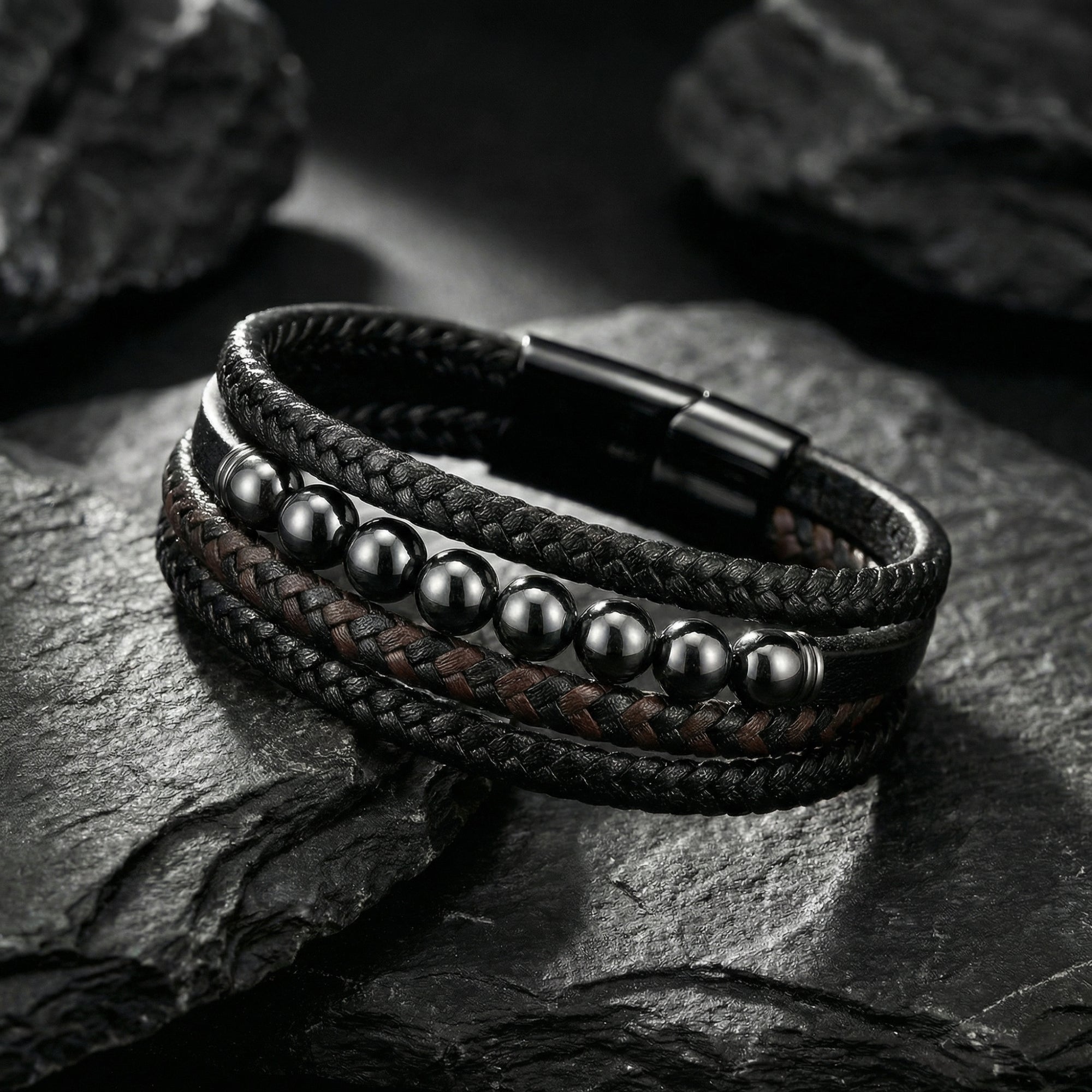 Close-up of black and brown braided leather layers and gunmetal beads on a rugged stone surface.